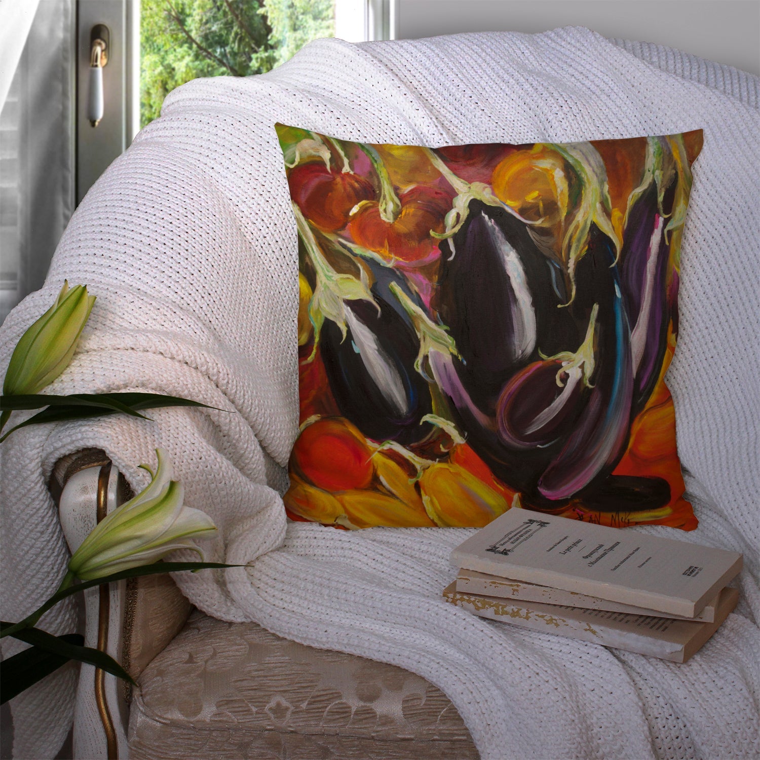 Eggplant Decorative Throw Pillow 14x14 Indoor Outdoor Accent Cushion, Fabric Cover with Insert for Sofa, Bed, Porch & Living Room