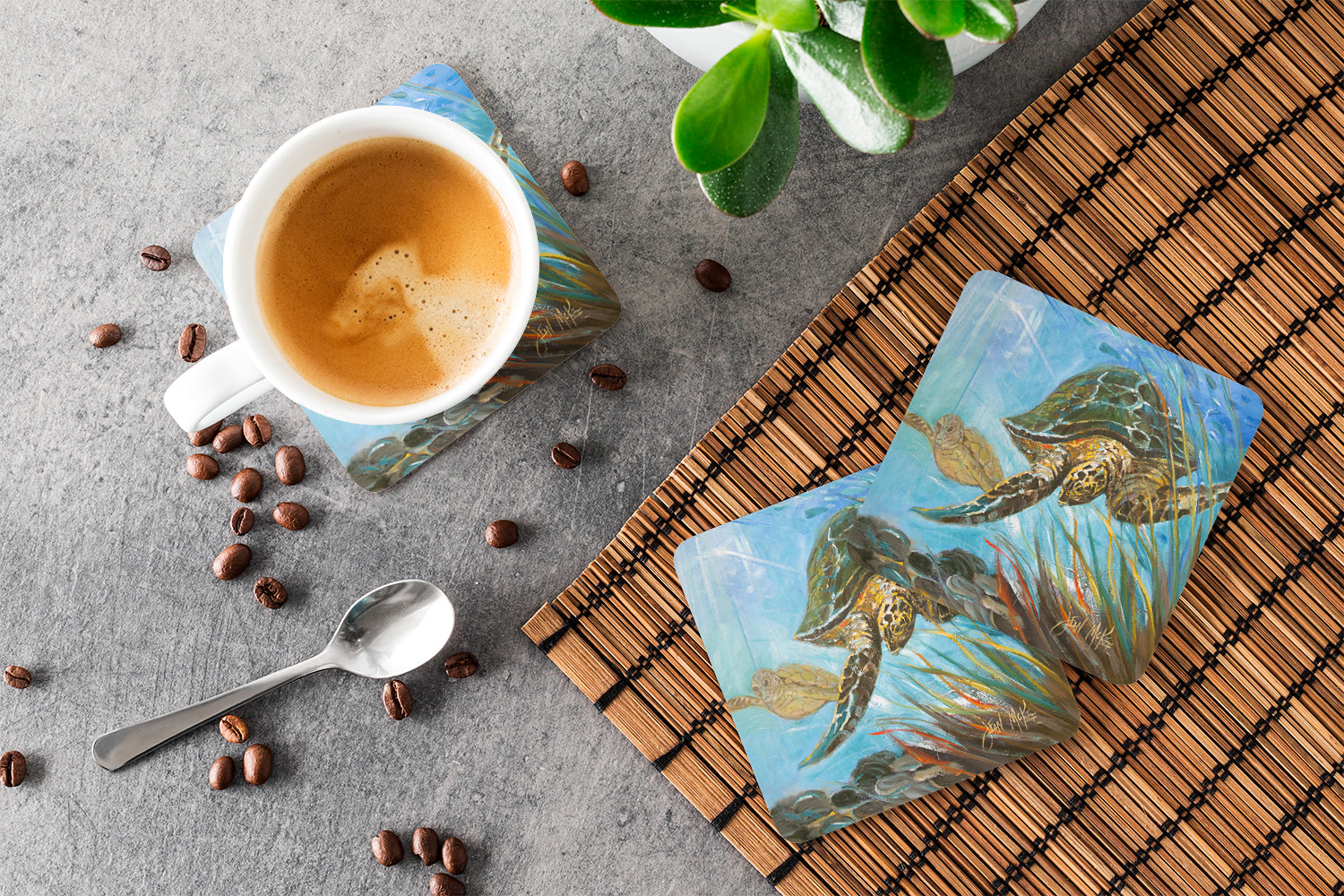 Loggerhead Sea Turtle Foam Coasters Set of 4 Cup Coasters for Indoor Outdoor, Tabletop Protection, Anti Slip, Mouse pad Material