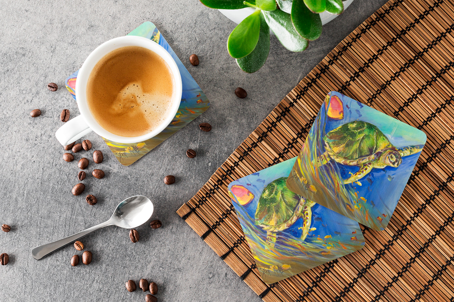 Loggerhead Sea Turtle Foam Coasters Set of 4 Cup Coasters for Indoor Outdoor, Tabletop Protection, Anti Slip, Mouse pad Material