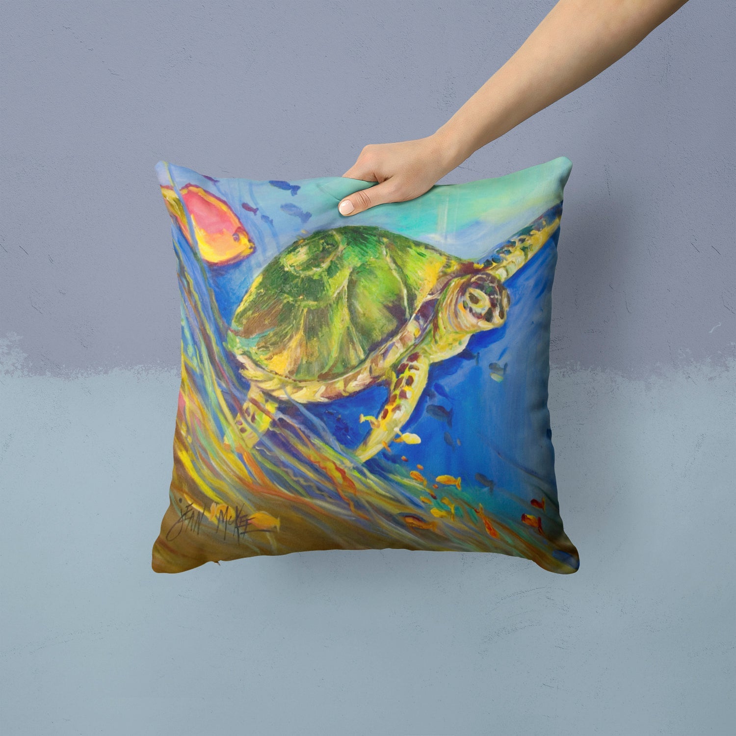 Loggerhead Sea Turtle Decorative Throw Pillow 14x14 Indoor Outdoor Accent Cushion, Fabric Cover with Insert for Sofa, Bed, Porch & Living Room