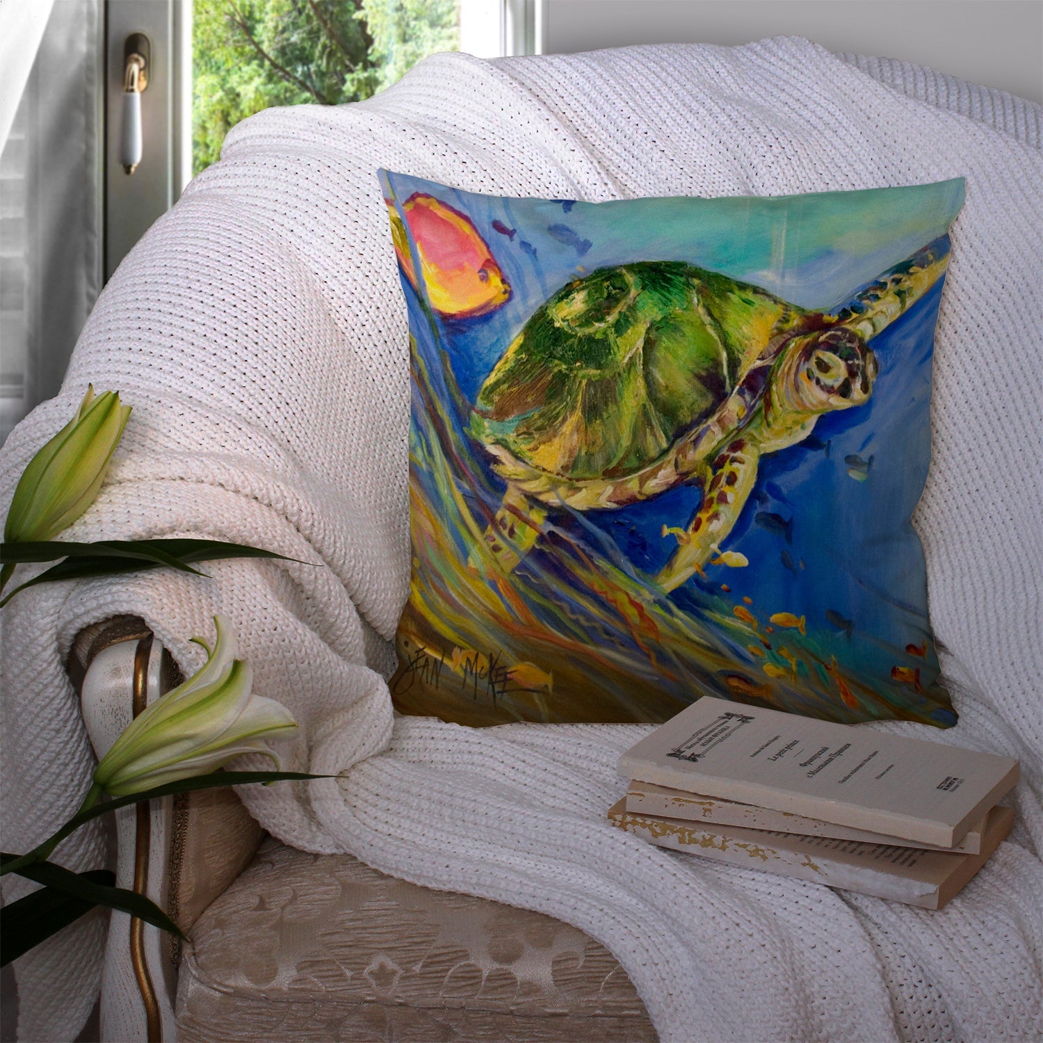 Loggerhead Sea Turtle Decorative Throw Pillow 14x14 Indoor Outdoor Accent Cushion, Fabric Cover with Insert for Sofa, Bed, Porch & Living Room