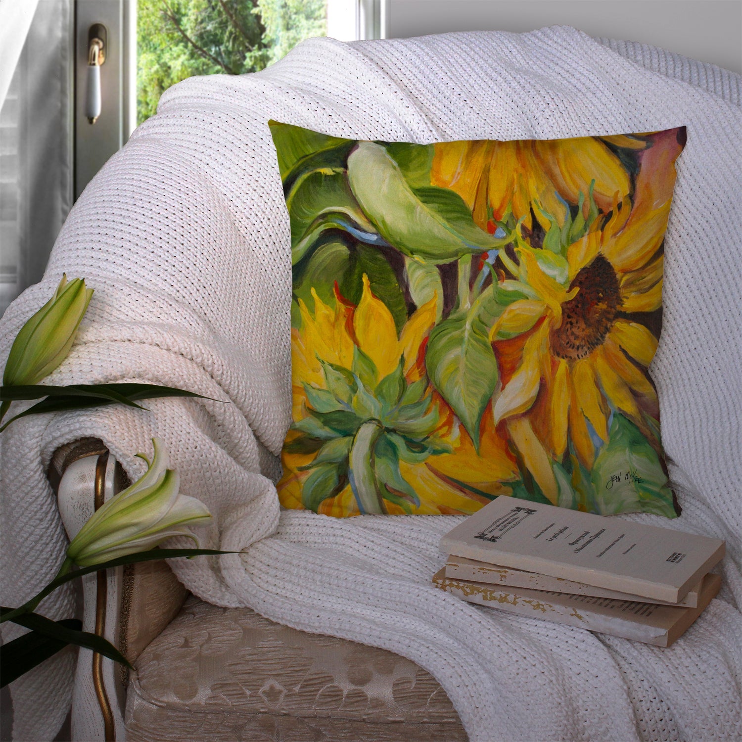 Sunflowers Decorative Throw Pillow 14x14 Indoor Outdoor Accent Cushion, Fabric Cover with Insert for Sofa, Bed, Porch & Living Room