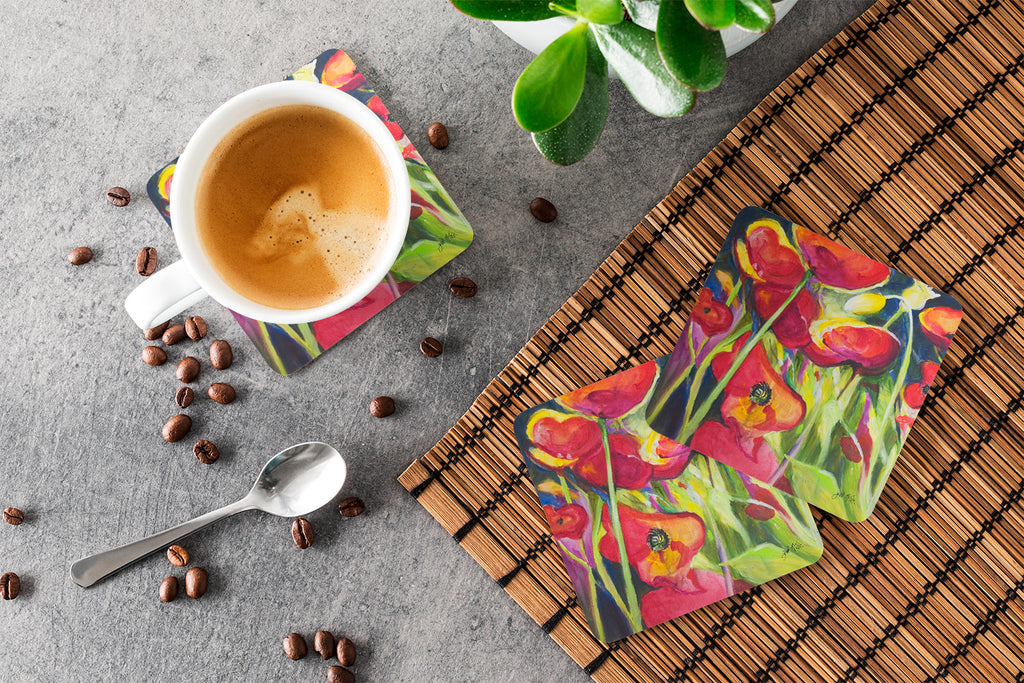 Poppies Foam Coasters Set of 4 Cup Coasters for Indoor Outdoor, Tabletop Protection, Anti Slip, Mouse pad Material