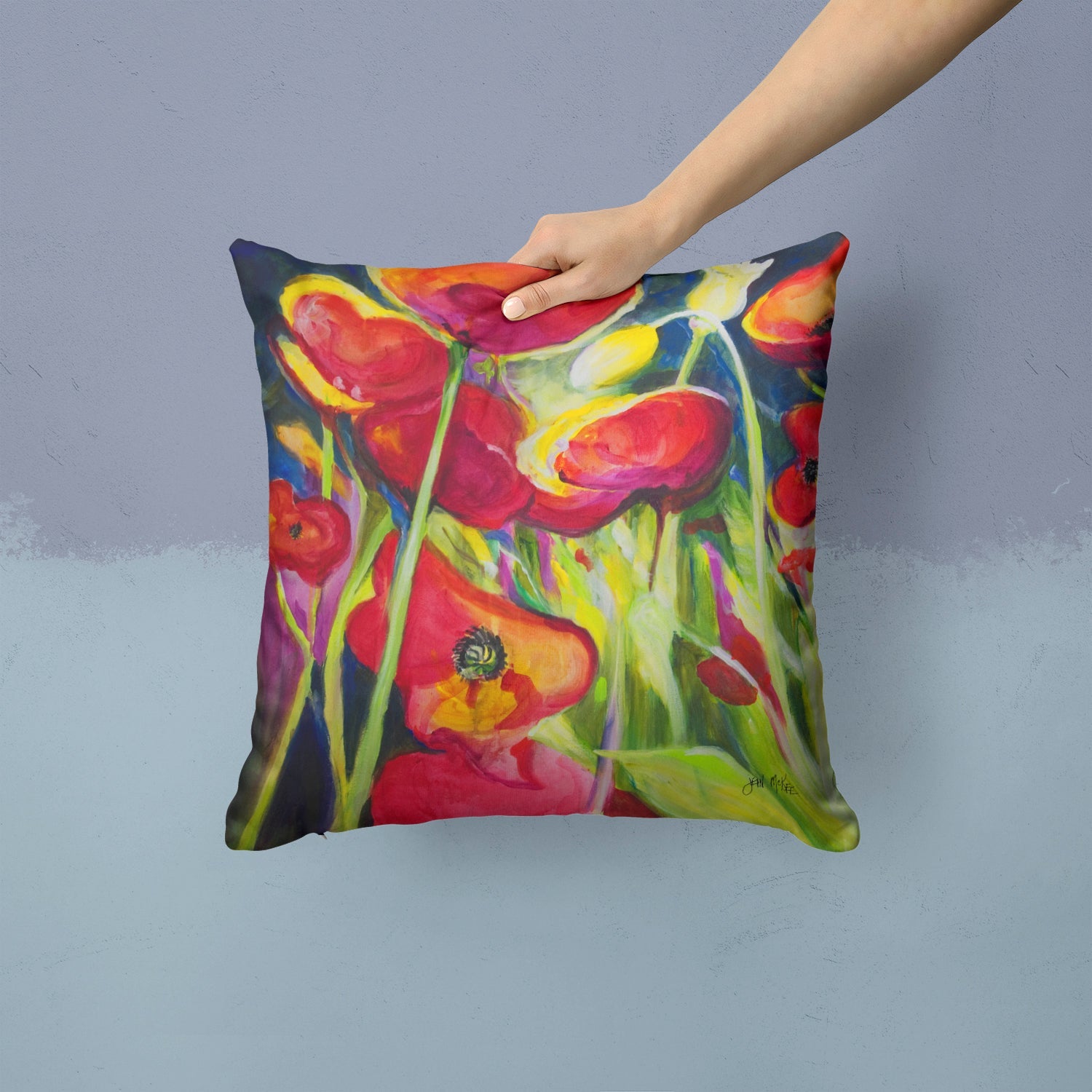 Poppies Decorative Throw Pillow 14x14 Indoor Outdoor Accent Cushion, Fabric Cover with Insert for Sofa, Bed, Porch & Living Room