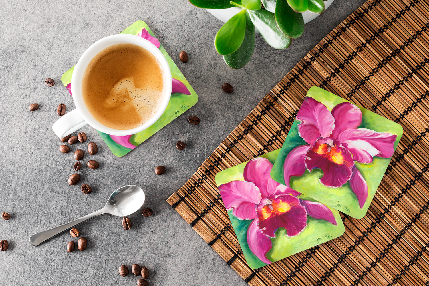 Orchid Foam Coasters Set of 4 Cup Coasters for Indoor Outdoor, Tabletop Protection, Anti Slip, Mouse pad Material
