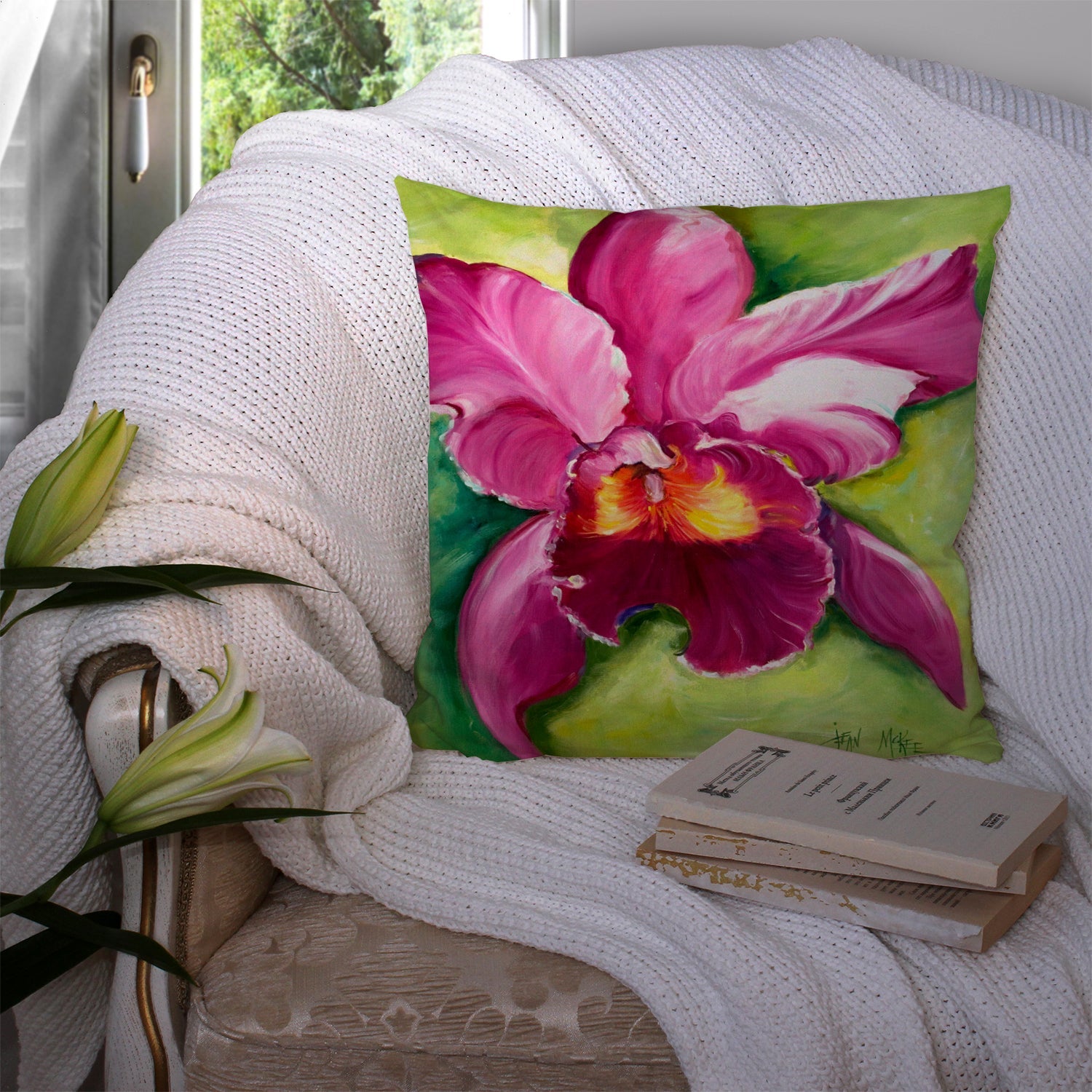 Orchid Decorative Throw Pillow 14x14 Indoor Outdoor Accent Cushion, Fabric Cover with Insert for Sofa, Bed, Porch & Living Room