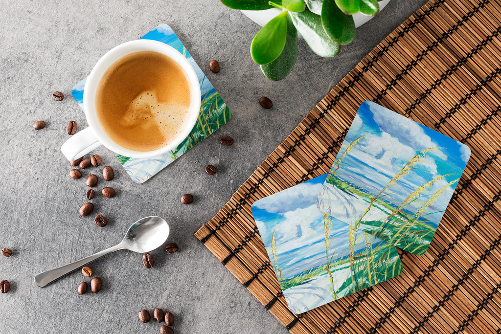 Sea Oats Foam Coasters Set of 4 Cup Coasters for Indoor Outdoor, Tabletop Protection, Anti Slip, Mouse pad Material