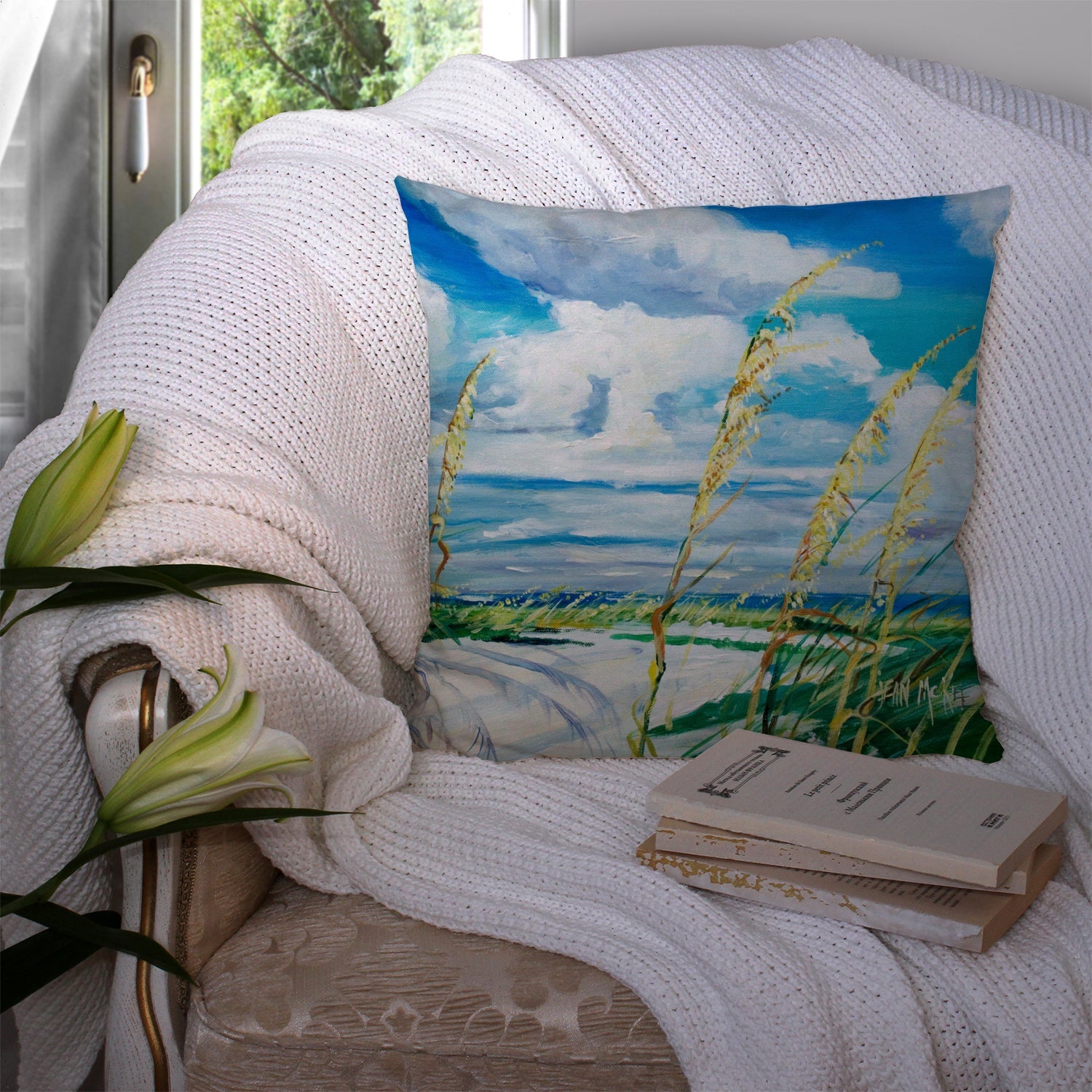 Sea Oats Decorative Throw Pillow 14x14 Indoor Outdoor Accent Cushion, Fabric Cover with Insert for Sofa, Bed, Porch & Living Room