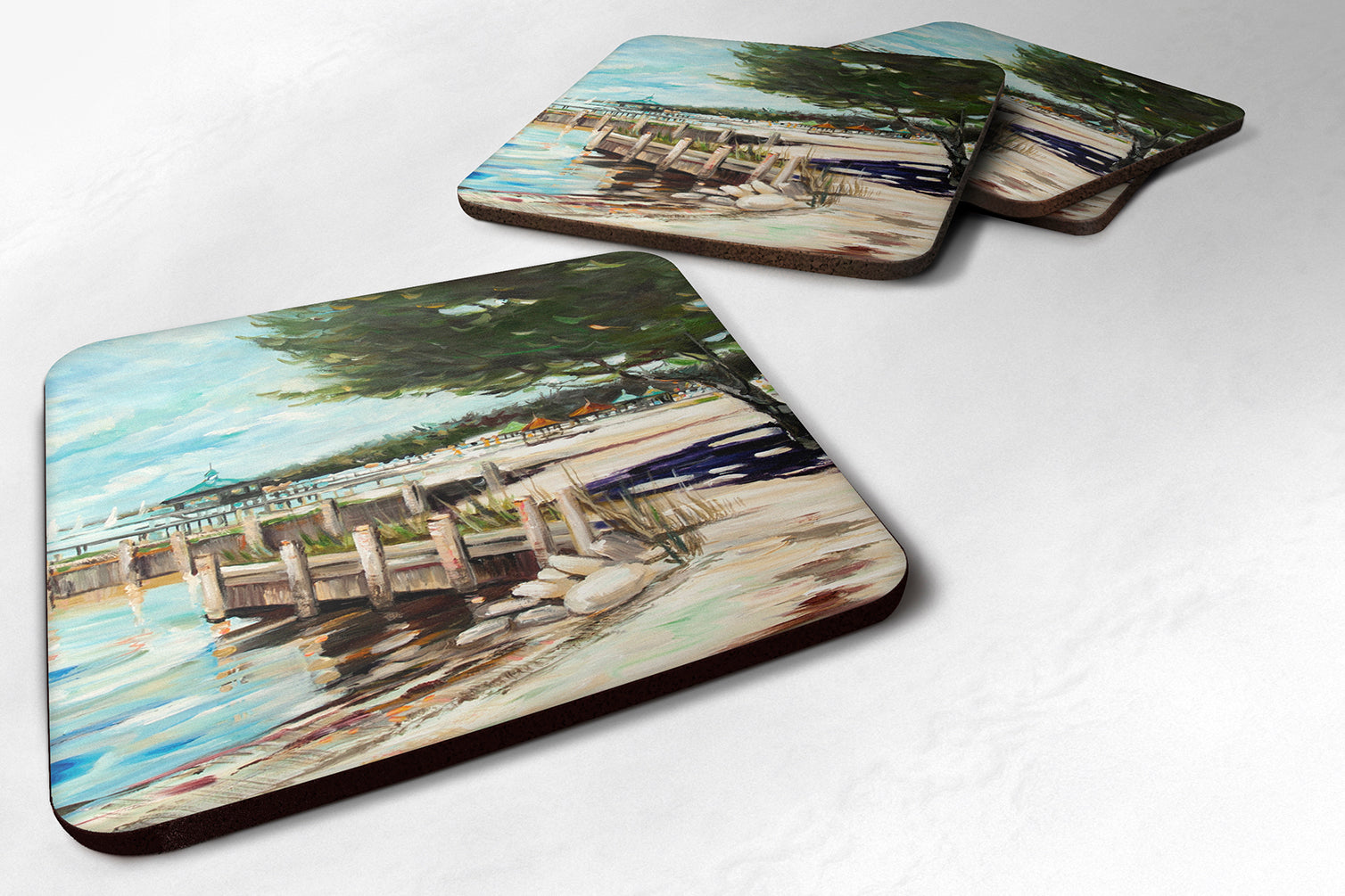 At the Pier Sailboats Foam Coasters Set of 4 Cup Coasters for Indoor Outdoor, Tabletop Protection, Anti Slip, Mouse pad Material