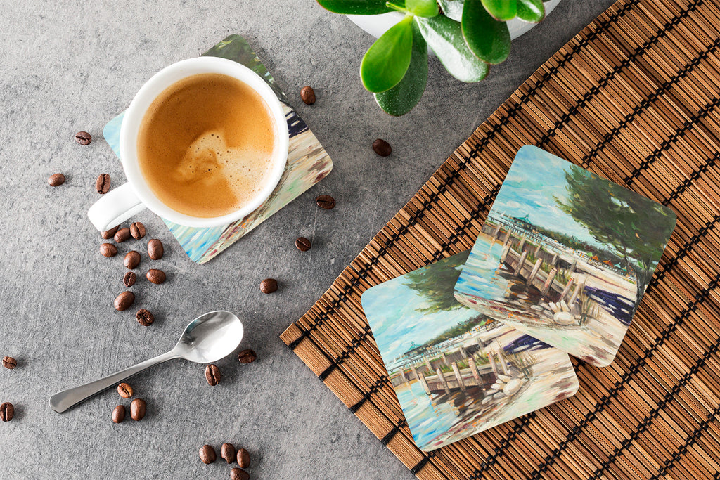 At the Pier Sailboats Foam Coasters Set of 4 Cup Coasters for Indoor Outdoor, Tabletop Protection, Anti Slip, Mouse pad Material