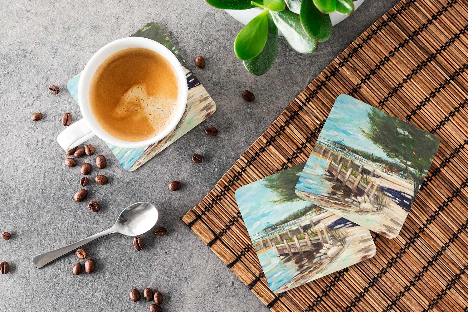 At the Pier Sailboats Foam Coasters Set of 4 Cup Coasters for Indoor Outdoor, Tabletop Protection, Anti Slip, Mouse pad Material