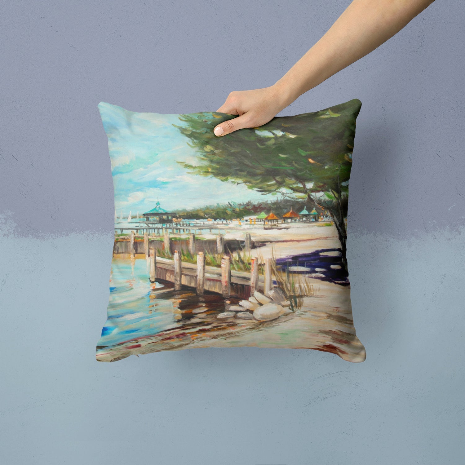 At the Pier Sailboats Decorative Throw Pillow 14x14 Indoor Outdoor Accent Cushion, Fabric Cover with Insert for Sofa, Bed, Porch & Living Room