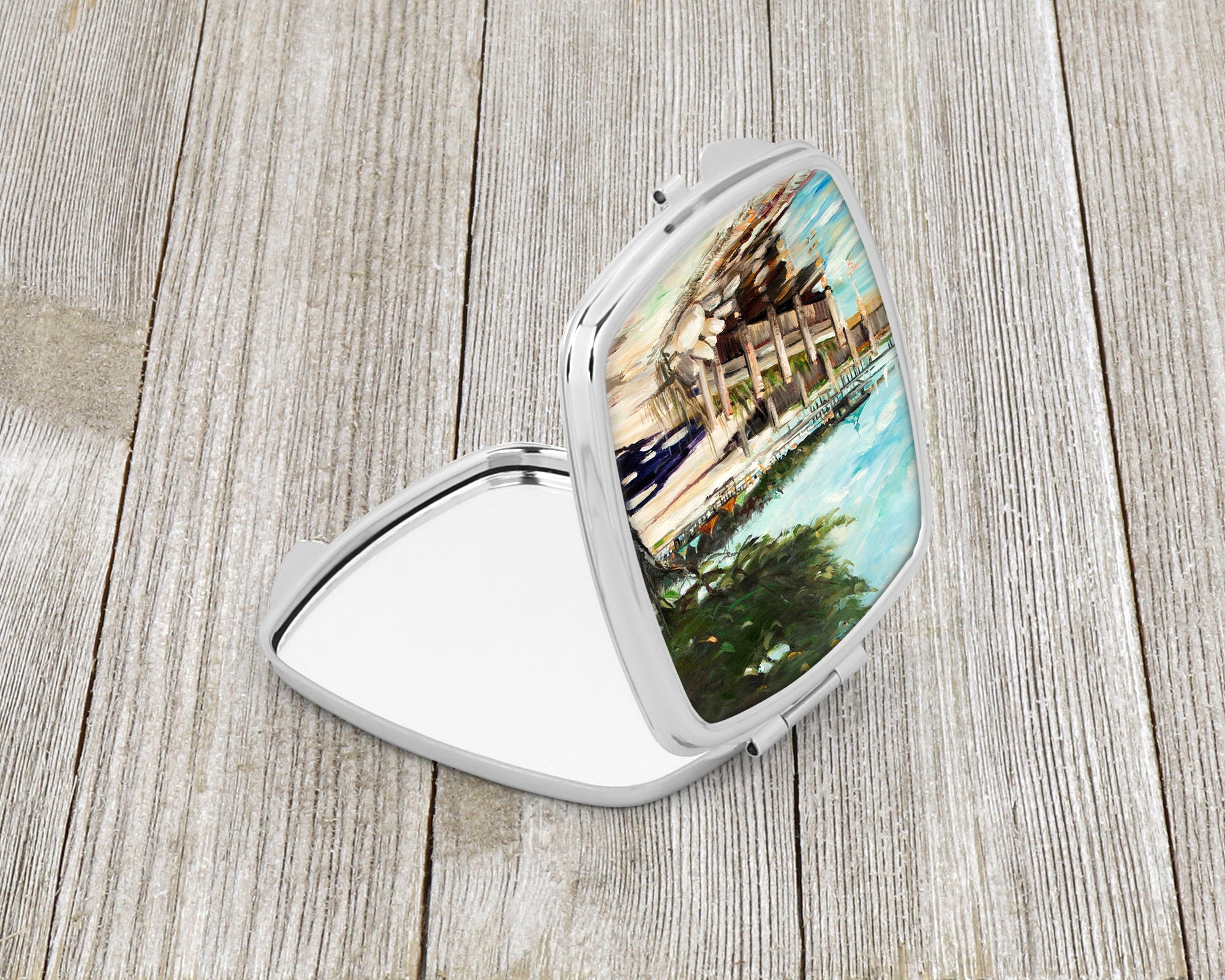At the Pier Sailboats Compact Mirror Decorative Travel Makeup Mirror for Women Girls Gifts Pocket Makeup Mirror Folding Handheld