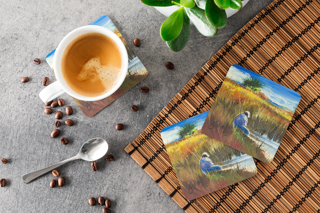 Fishing on the bank Foam Coasters Set of 4 Cup Coasters for Indoor Outdoor, Tabletop Protection, Anti Slip, Mouse pad Material