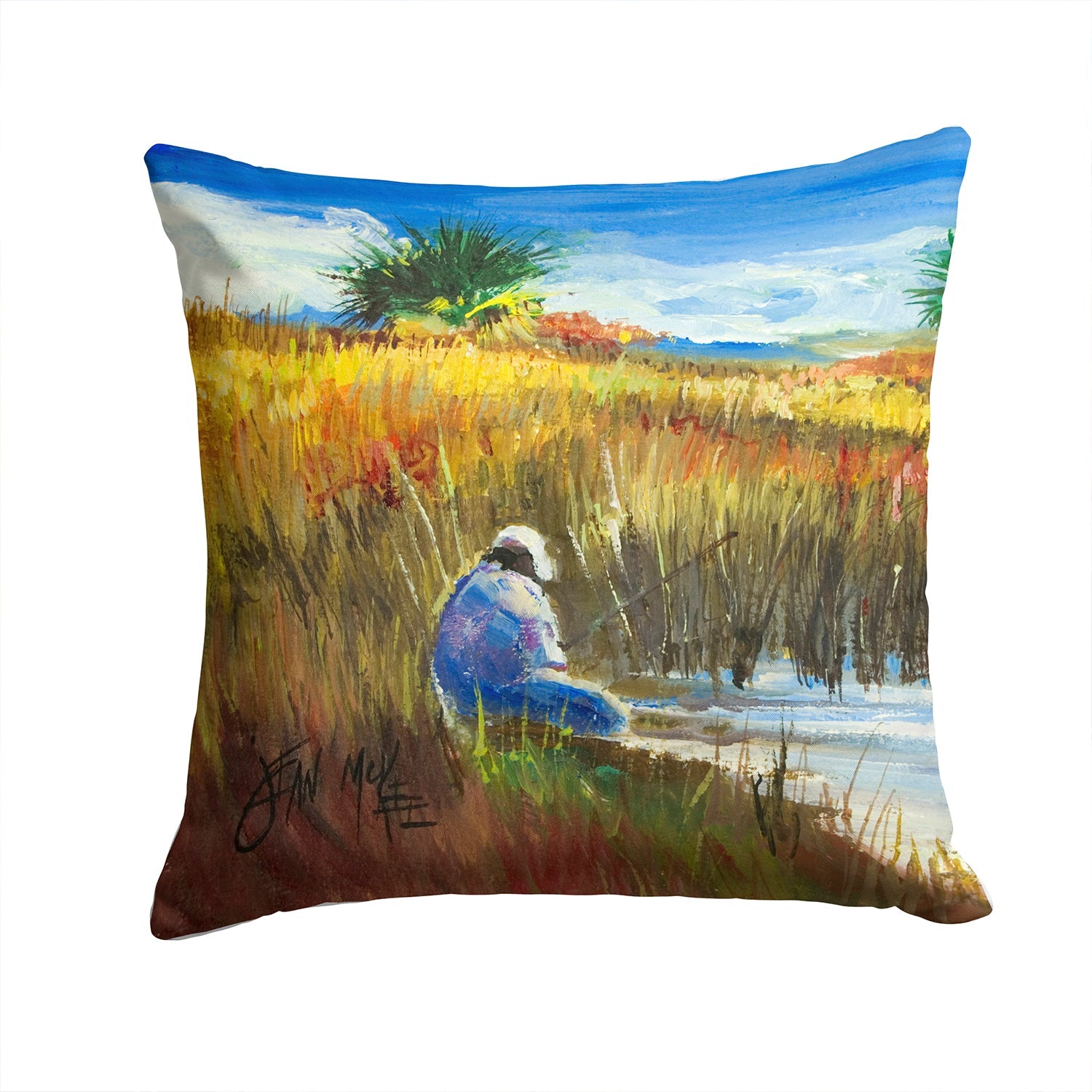 Fishing on the bank Decorative Throw Pillow 14x14 Indoor Outdoor Accent Cushion, Fabric Cover with Insert for Sofa, Bed, Porch & Living Room