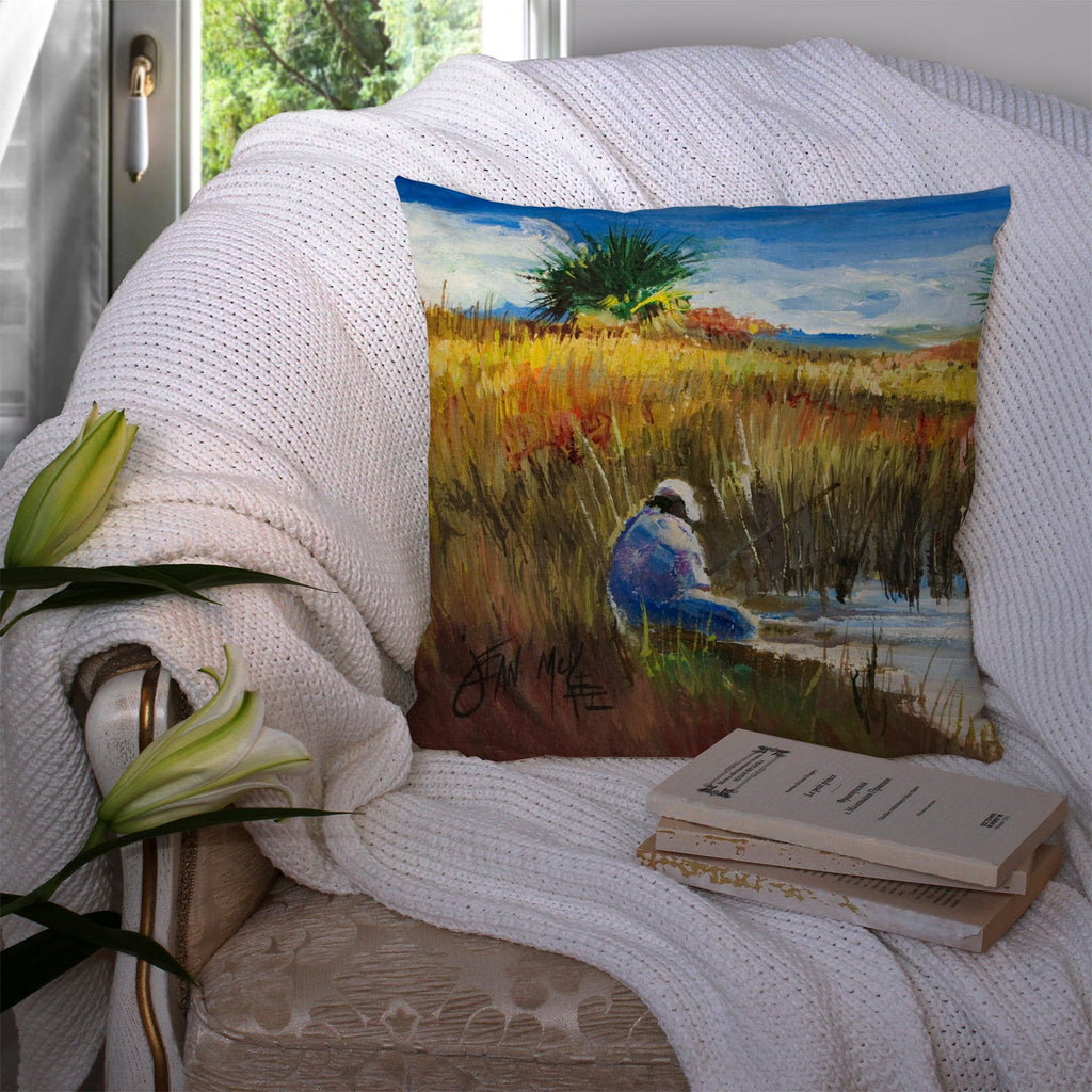 Fishing on the bank Decorative Throw Pillow 14x14 Indoor Outdoor Accent Cushion, Fabric Cover with Insert for Sofa, Bed, Porch & Living Room