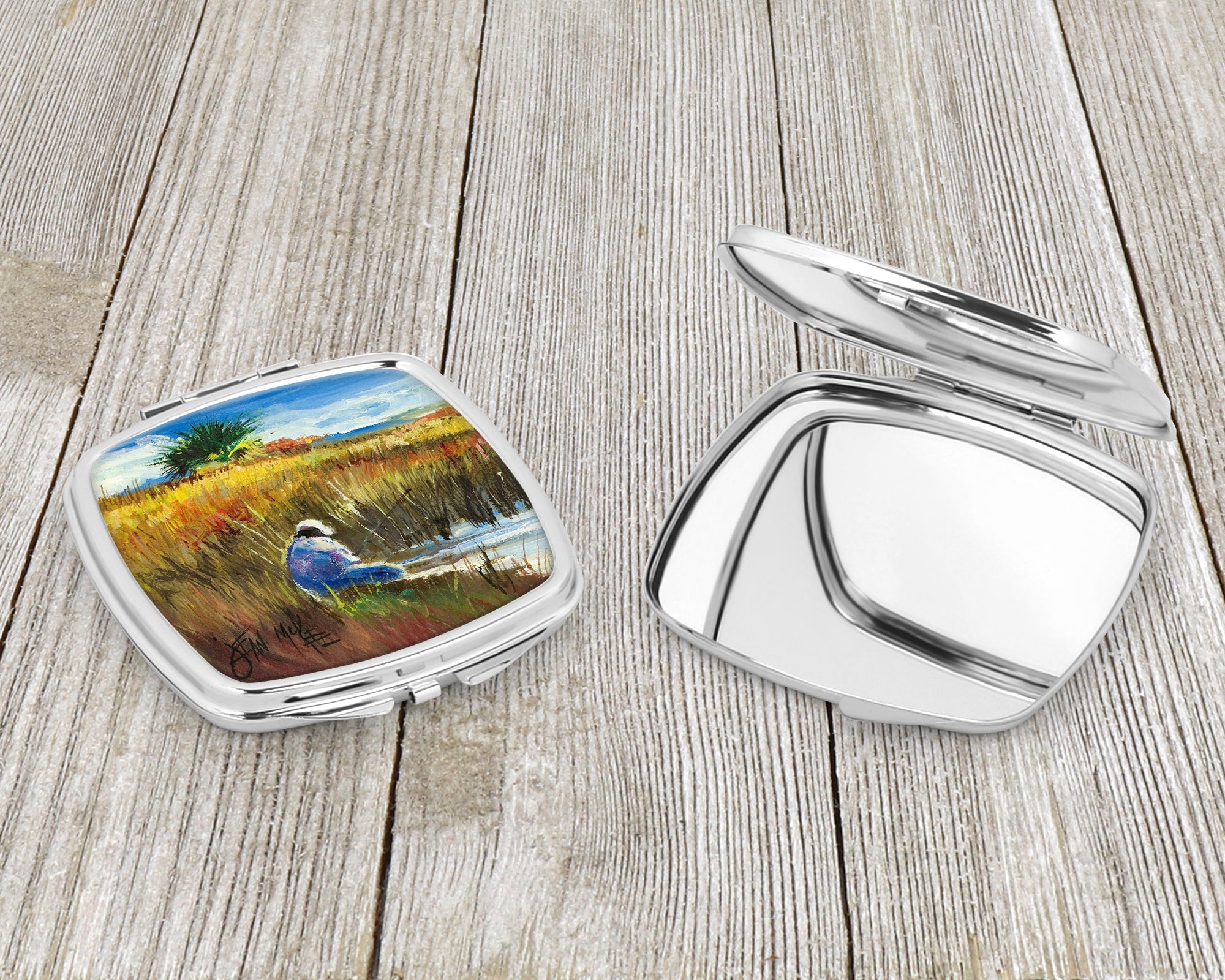 Fishing on the bank Compact Mirror Decorative Travel Makeup Mirror for Women Girls Gifts Pocket Makeup Mirror Folding Handheld