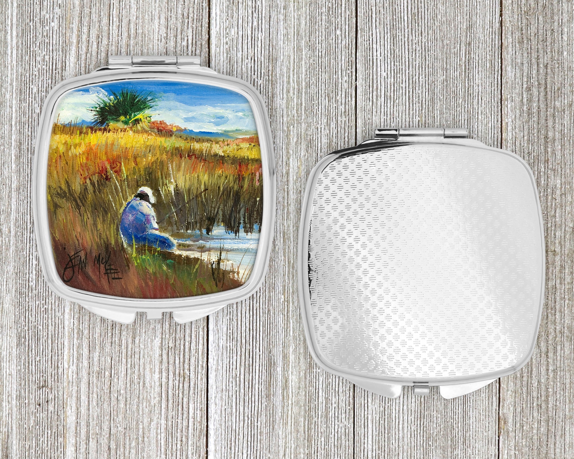 Fishing on the bank Compact Mirror Decorative Travel Makeup Mirror for Women Girls Gifts Pocket Makeup Mirror Folding Handheld