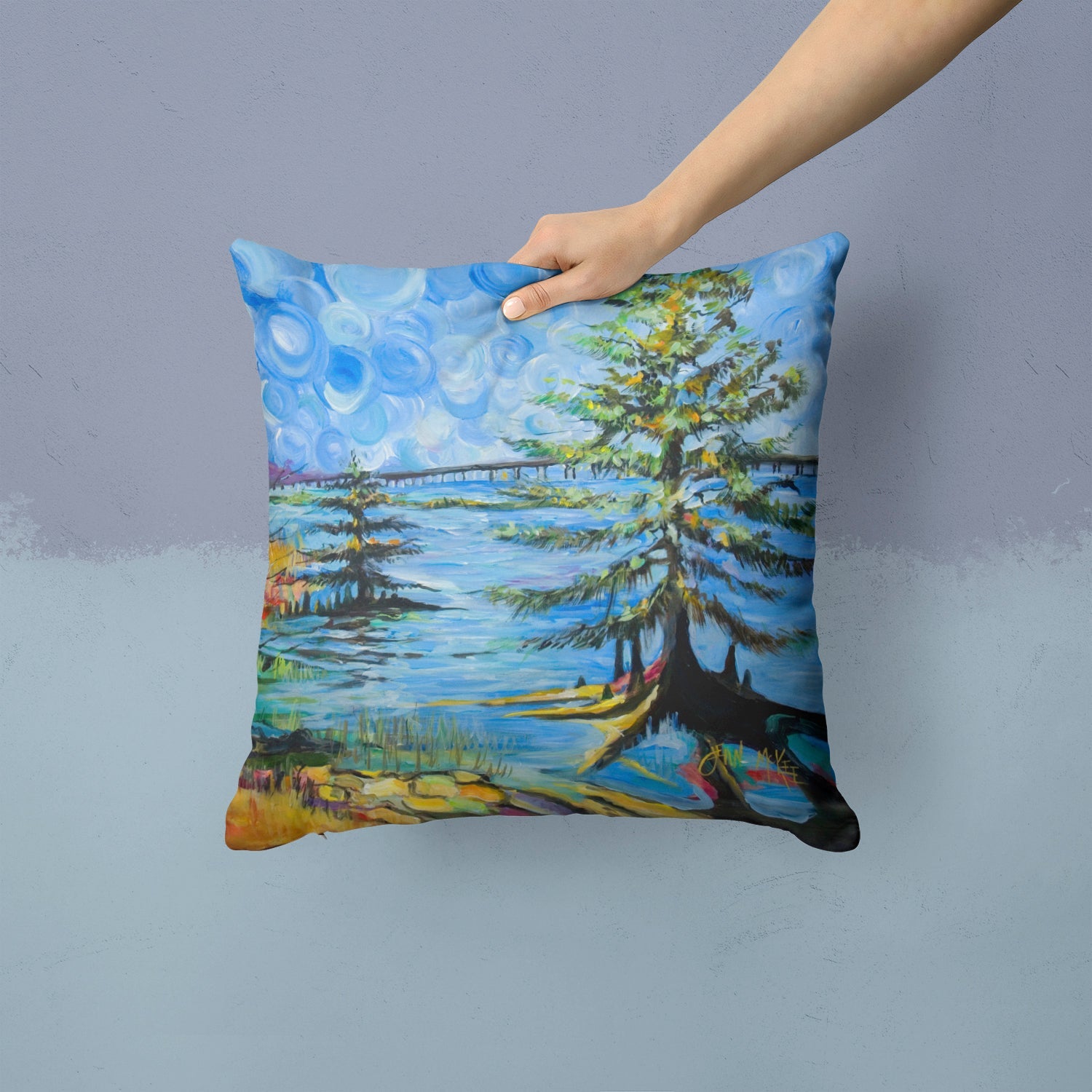 Life on the Causeway Decorative Throw Pillow 14x14 Indoor Outdoor Accent Cushion, Fabric Cover with Insert for Sofa, Bed, Porch & Living Room