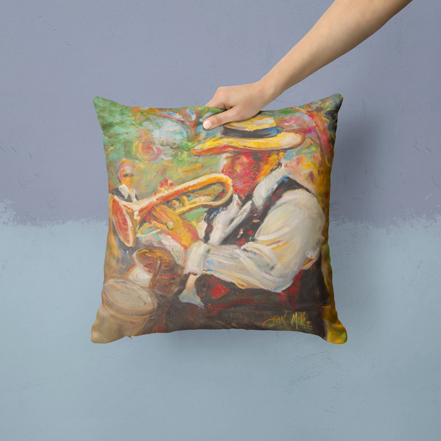 Jazz Trumpet Decorative Throw Pillow 14x14 Indoor Outdoor Accent Cushion, Fabric Cover with Insert for Sofa, Bed, Porch & Living Room
