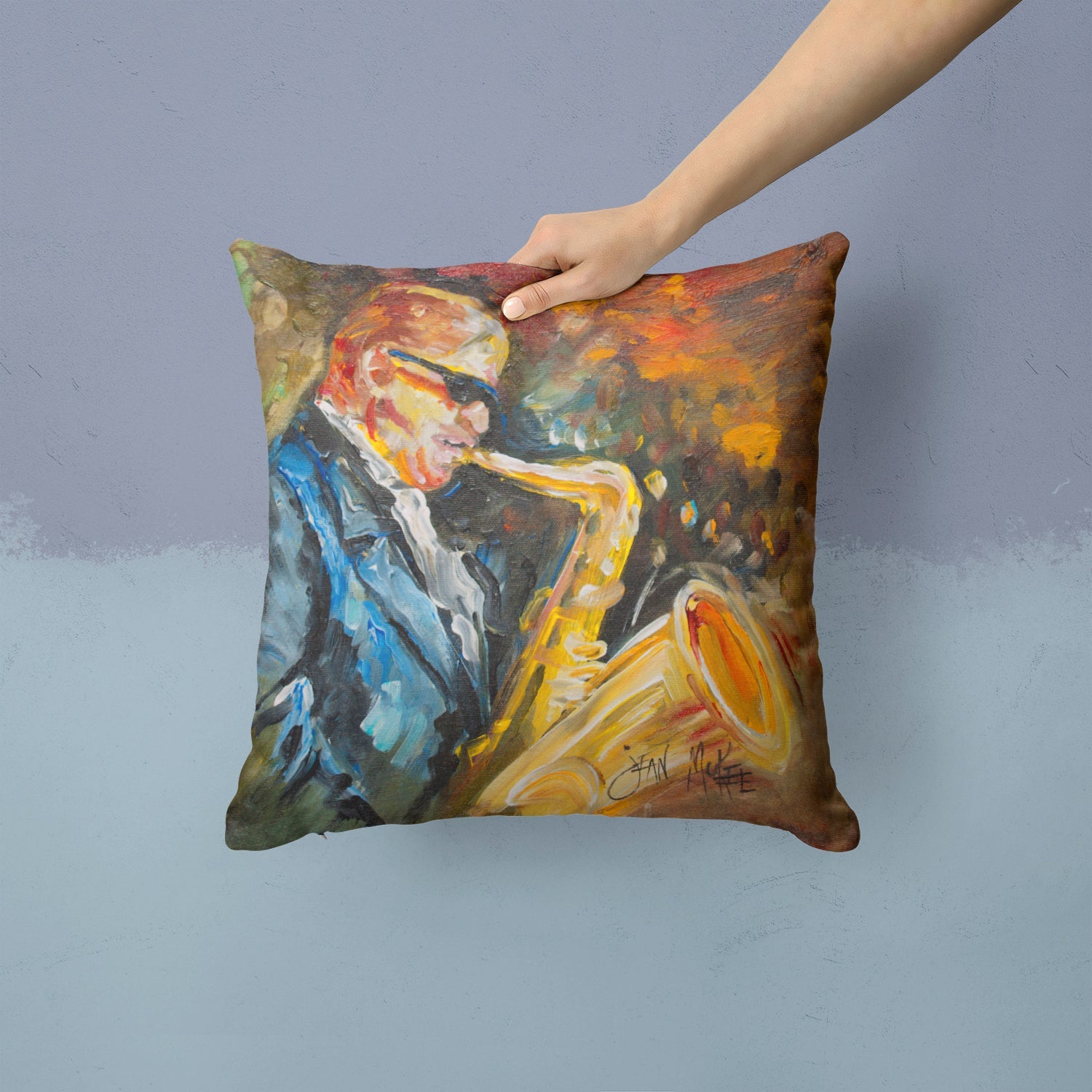 Jazz Sazophone Decorative Throw Pillow 14x14 Indoor Outdoor Accent Cushion, Fabric Cover with Insert for Sofa, Bed, Porch & Living Room