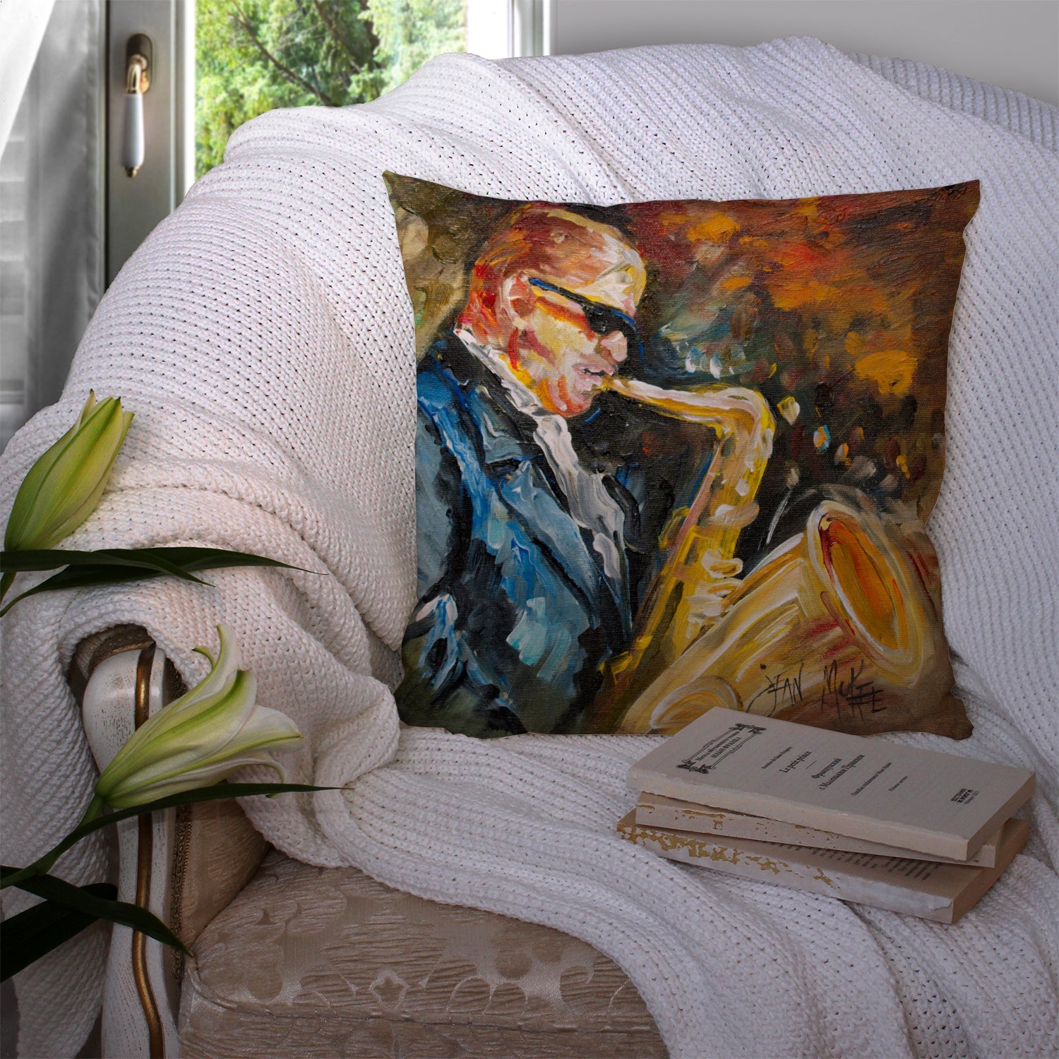 Jazz Sazophone Decorative Throw Pillow 14x14 Indoor Outdoor Accent Cushion, Fabric Cover with Insert for Sofa, Bed, Porch & Living Room