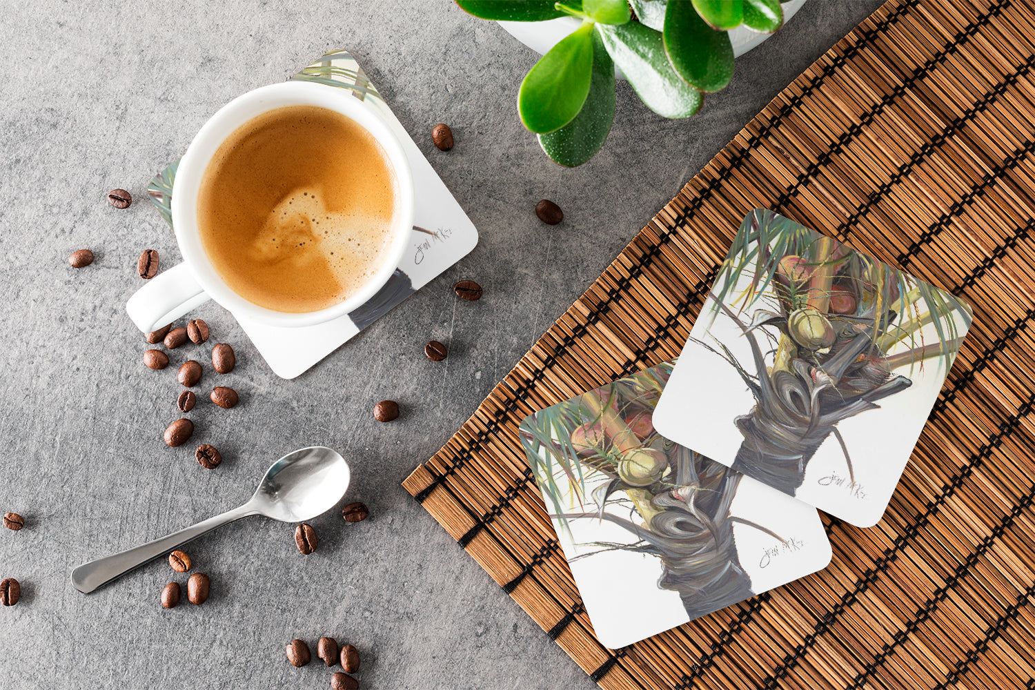 Coconut Tree Top Foam Coasters Set of 4 Cup Coasters for Indoor Outdoor, Tabletop Protection, Anti Slip, Mouse pad Material