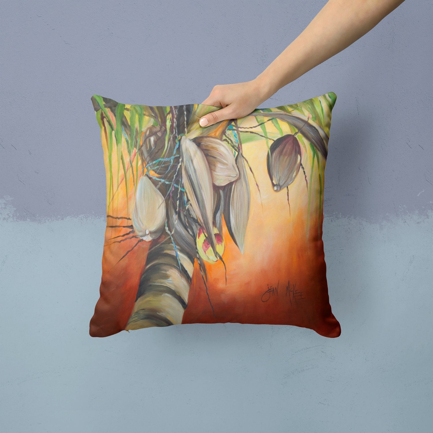Orange Coconut Tree Decorative Throw Pillow 14x14 Indoor Outdoor Accent Cushion, Fabric Cover with Insert for Sofa, Bed, Porch & Living Room