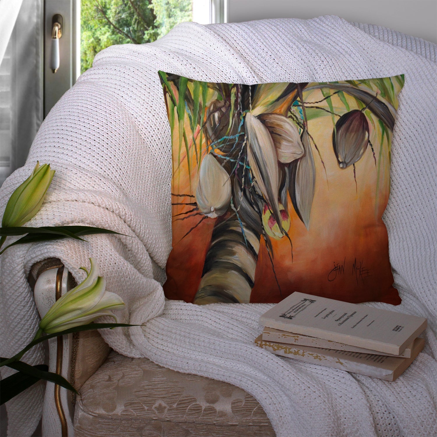 Orange Coconut Tree Decorative Throw Pillow 14x14 Indoor Outdoor Accent Cushion, Fabric Cover with Insert for Sofa, Bed, Porch & Living Room