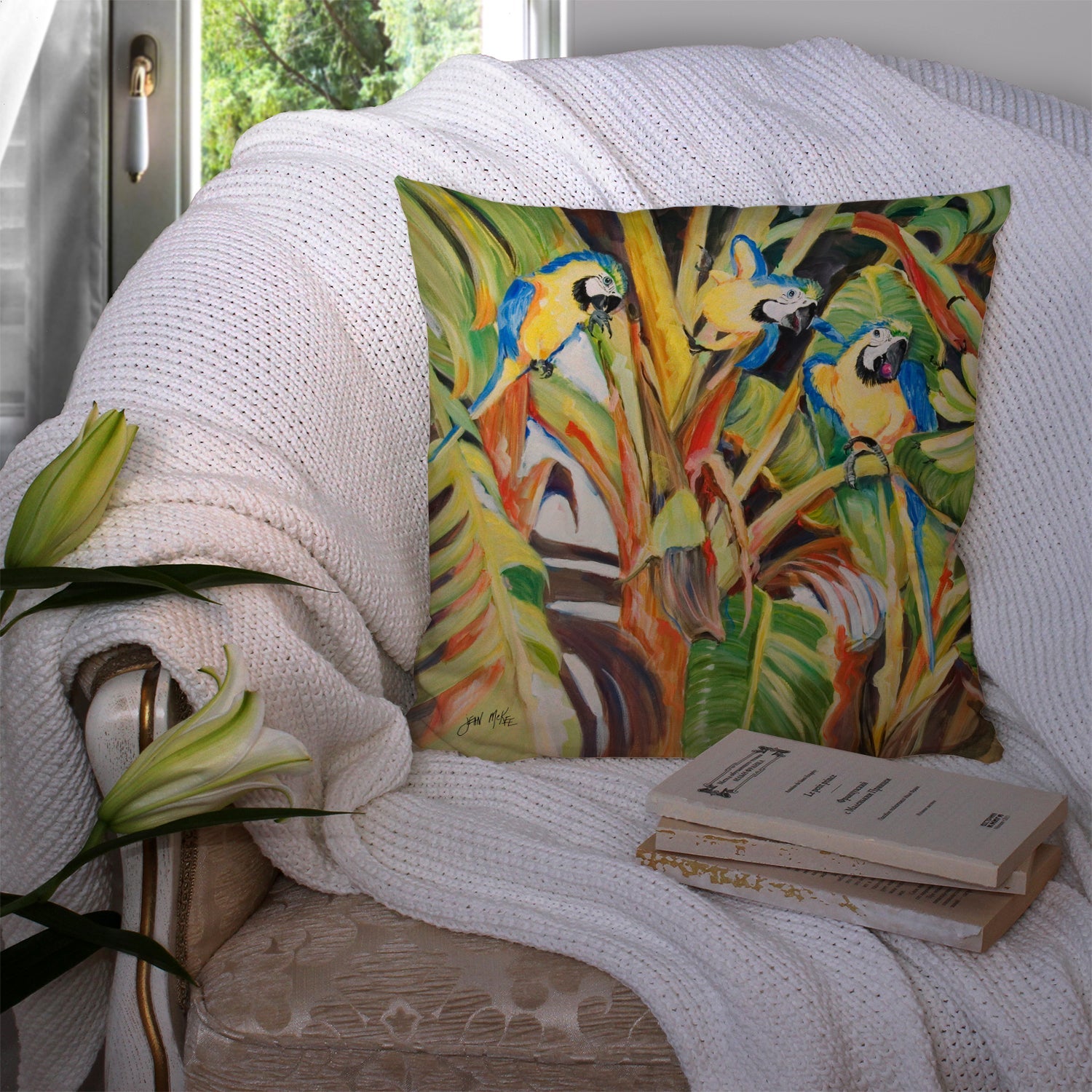 Parrots Decorative Throw Pillow 14x14 Indoor Outdoor Accent Cushion, Fabric Cover with Insert for Sofa, Bed, Porch & Living Room