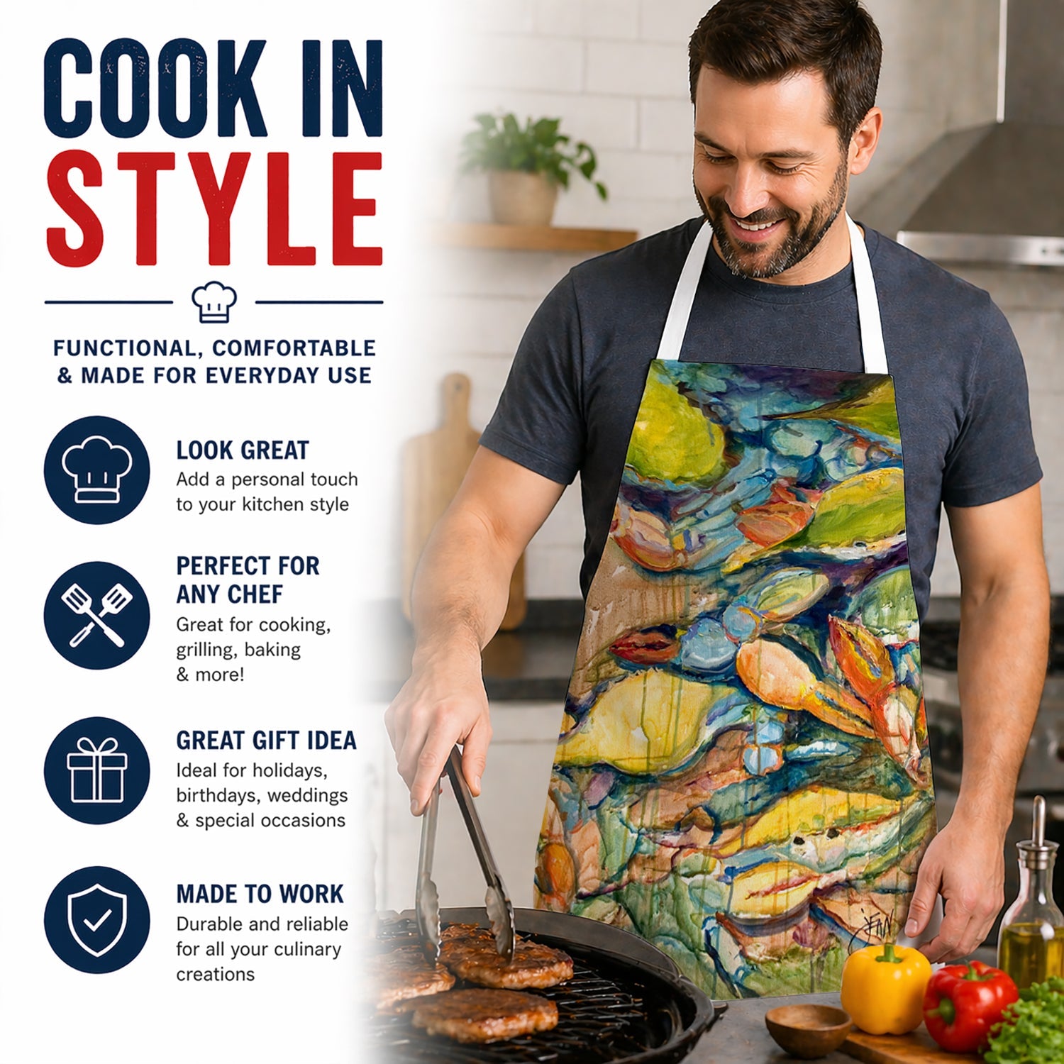 Jubilee Crabs Apron Cooking Kitchen Server Baking Crafts Gardening for Adult Women Men, Unisex, Large, Multicolor
