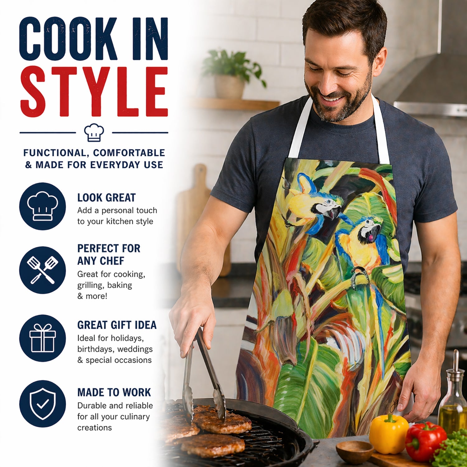 Parrots Blue and Gold Macaws Apron Cooking Kitchen Server Baking Crafts Gardening for Adult Women Men, Unisex, Large, Multicolor