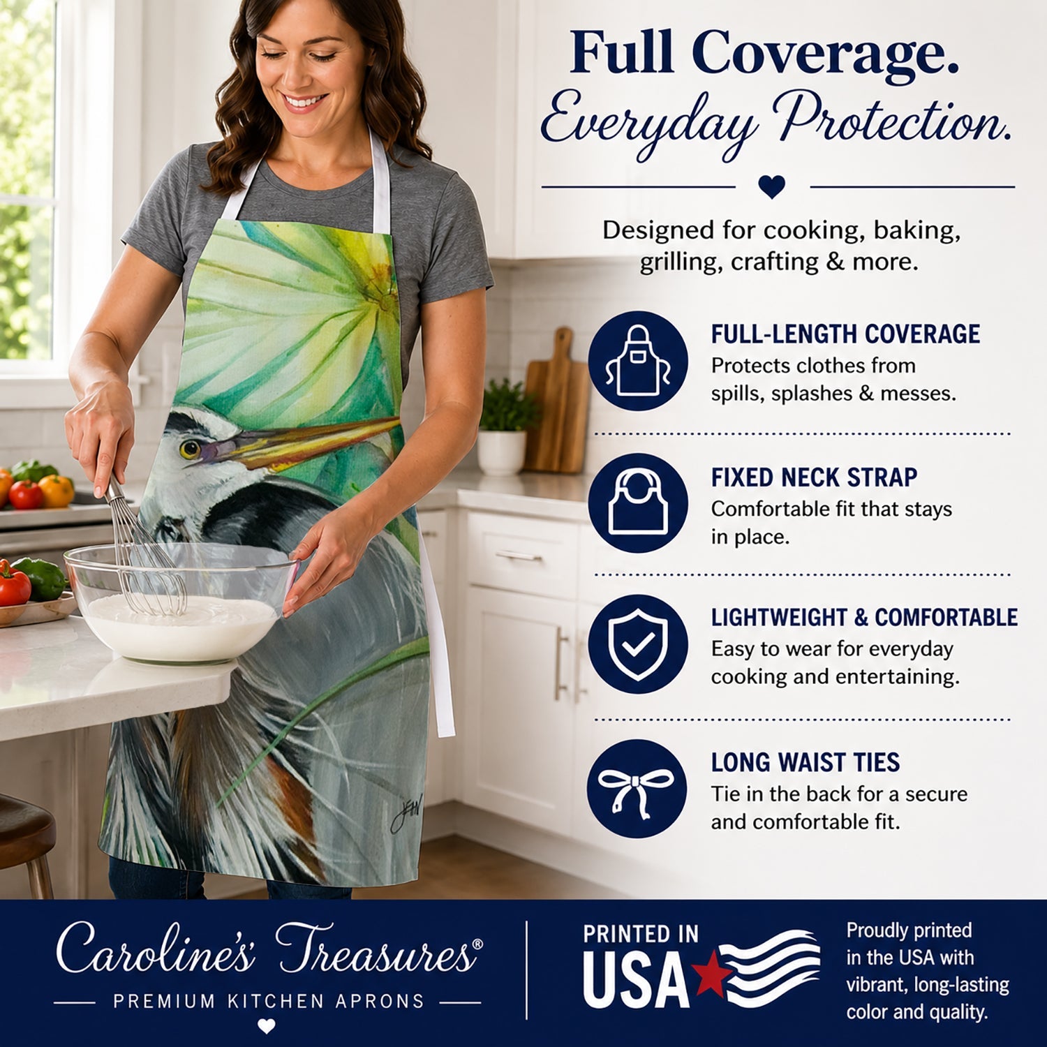 Blue Heron Apron Cooking Kitchen Server Baking Crafts Gardening for Adult Women Men, Unisex, Large, Multicolor