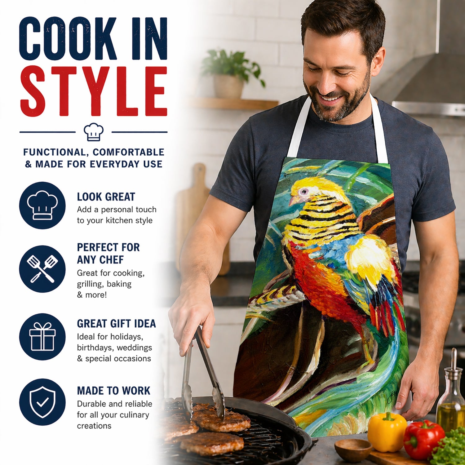Mandarin Pheasant Apron Cooking Kitchen Server Baking Crafts Gardening for Adult Women Men, Unisex, Large, Multicolor
