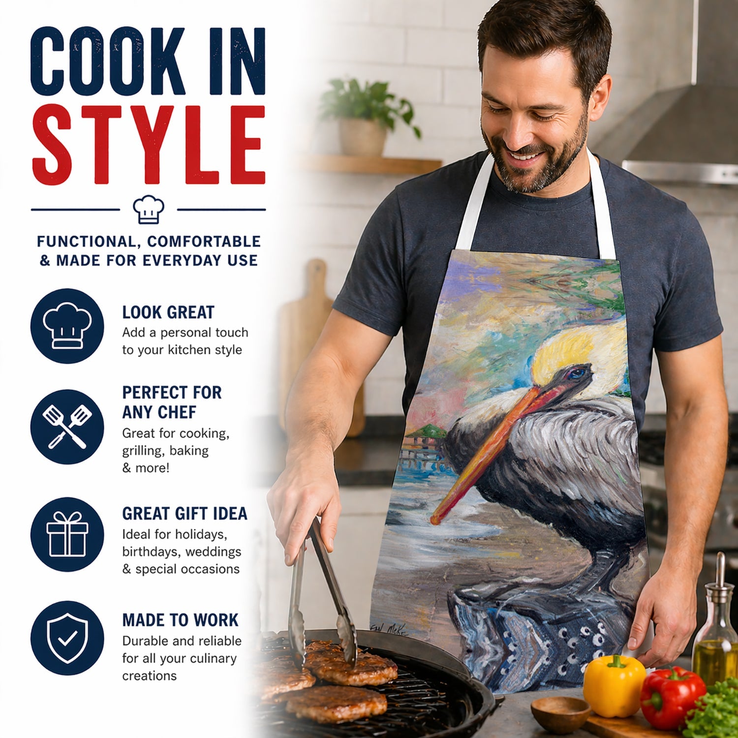 Bay View Pelican Apron Cooking Kitchen Server Baking Crafts Gardening for Adult Women Men, Unisex, Large, Multicolor