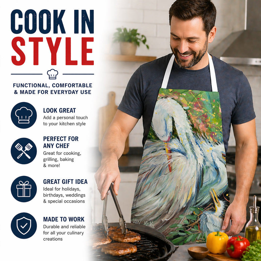 White Egret in the rain Apron Cooking Kitchen Server Baking Crafts Gardening for Adult Women Men, Unisex, Large, Multicolor