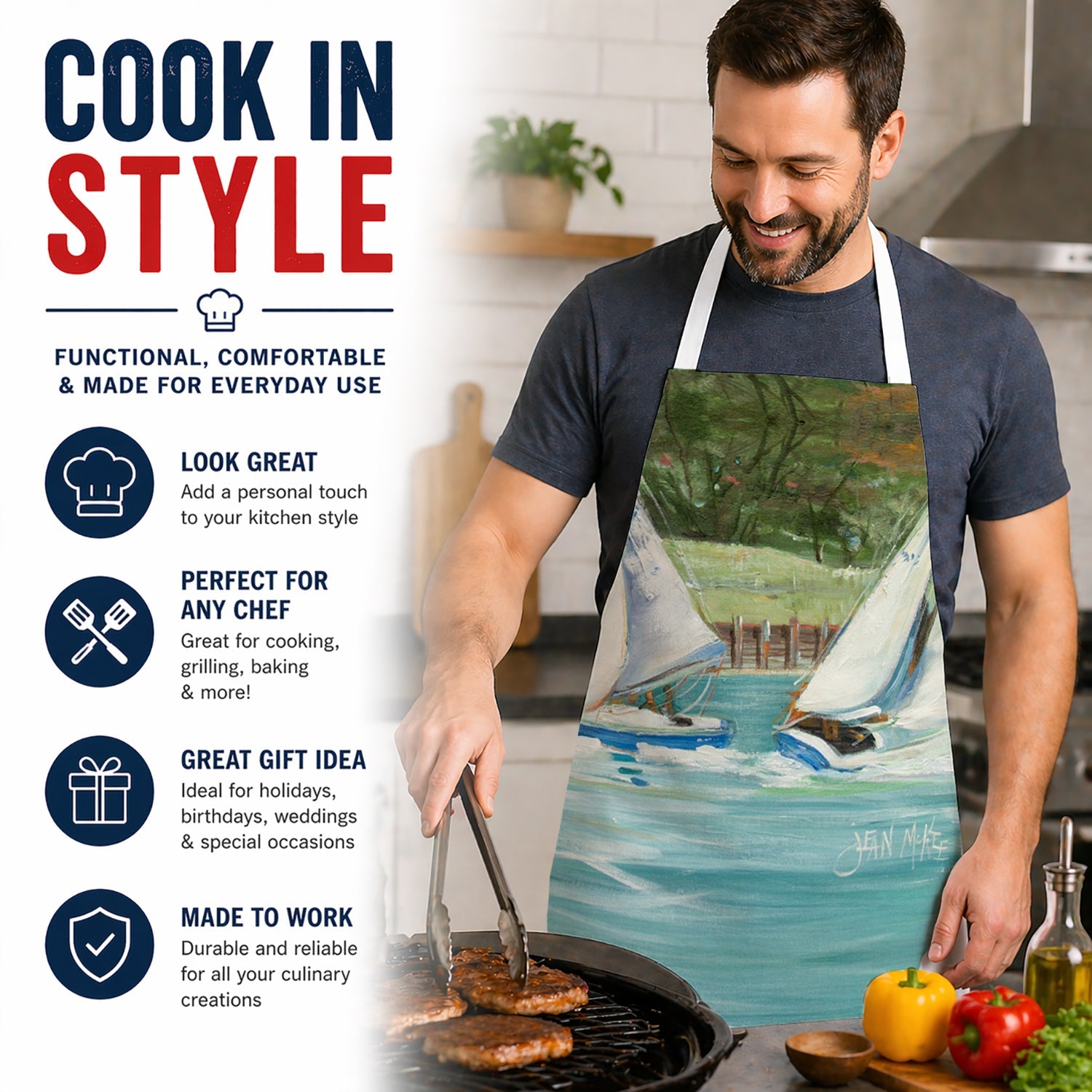 Boats on the Bay Sailboats Apron Cooking Kitchen Server Baking Crafts Gardening for Adult Women Men, Unisex, Large, Multicolor