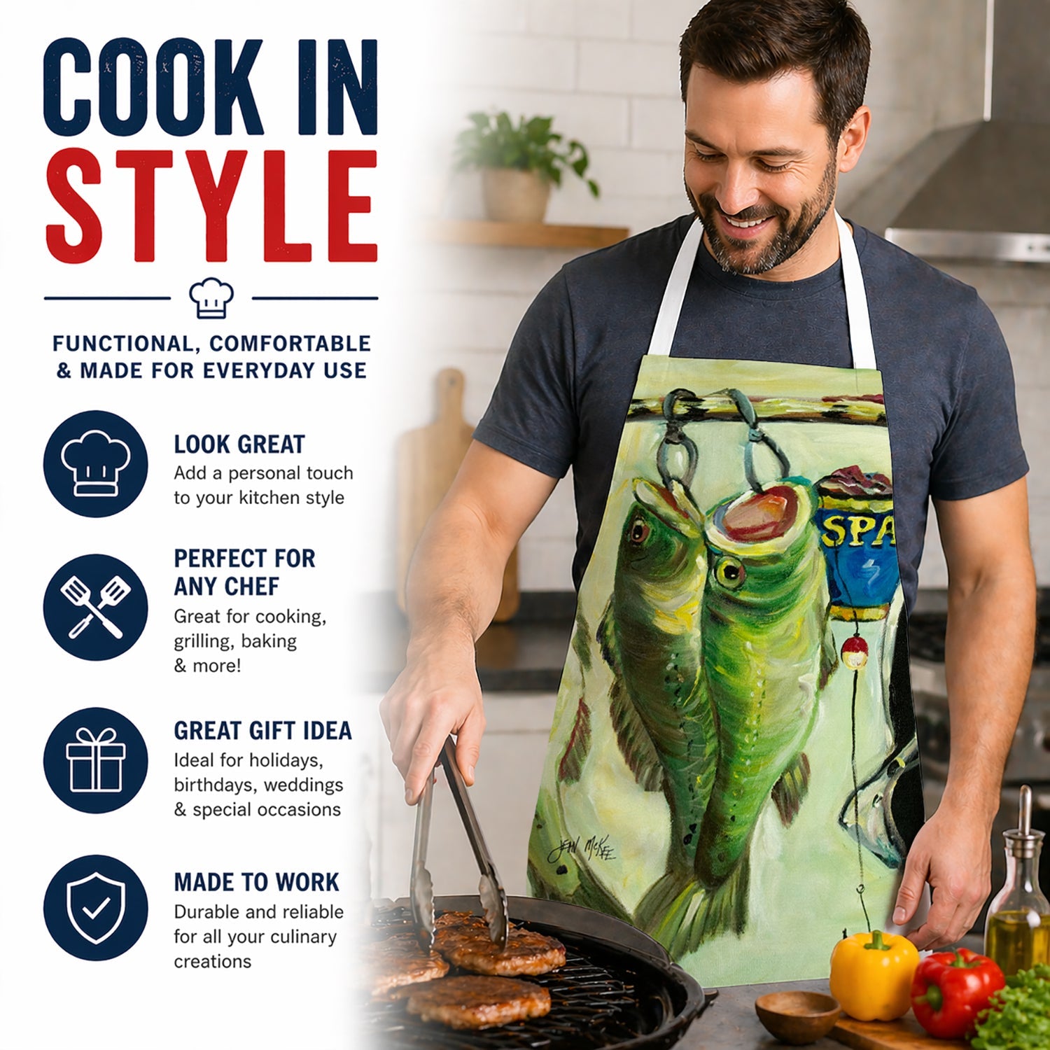 Recession Food Bass and Spam Apron Cooking Kitchen Server Baking Crafts Gardening for Adult Women Men, Unisex, Large, Multicolor
