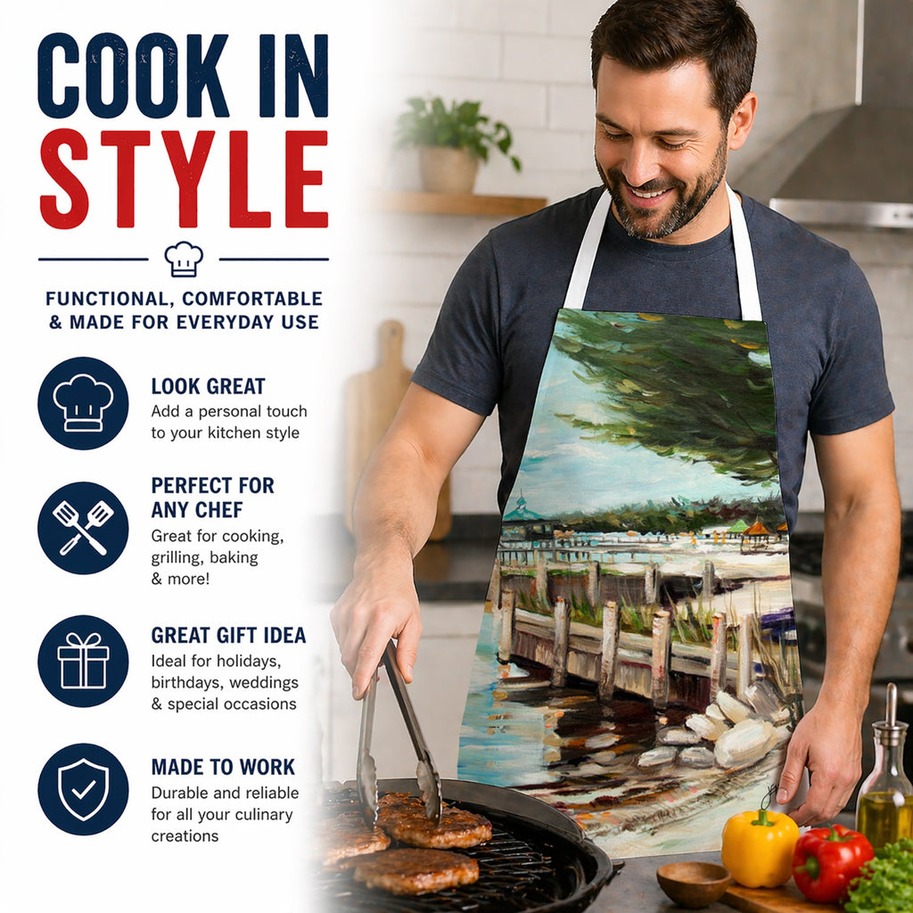 At the Pier Sailboats Apron Cooking Kitchen Server Baking Crafts Gardening for Adult Women Men, Unisex, Large, Multicolor