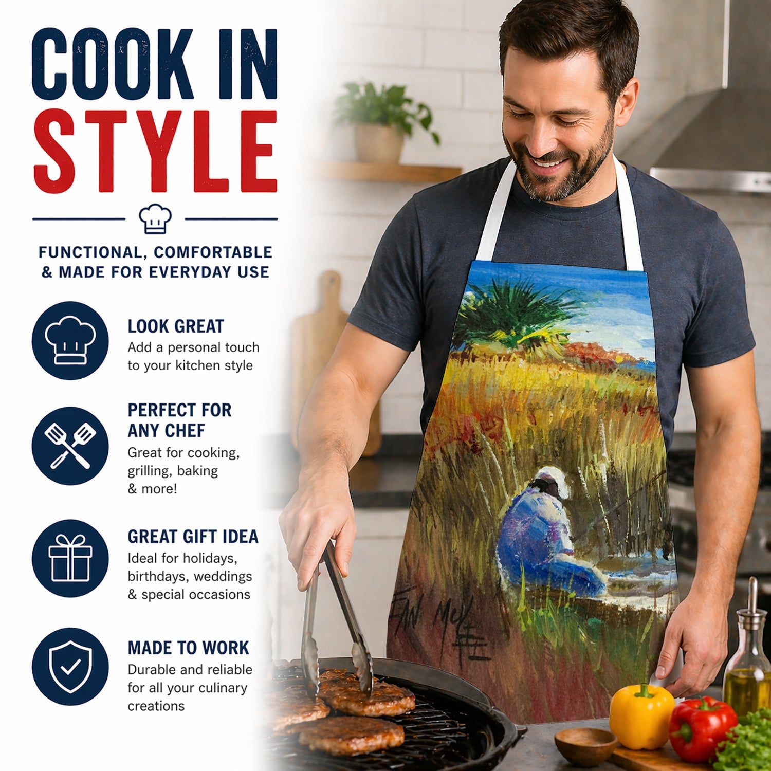Fisherman on the bank Apron Cooking Kitchen Server Baking Crafts Gardening for Adult Women Men, Unisex, Large, Multicolor