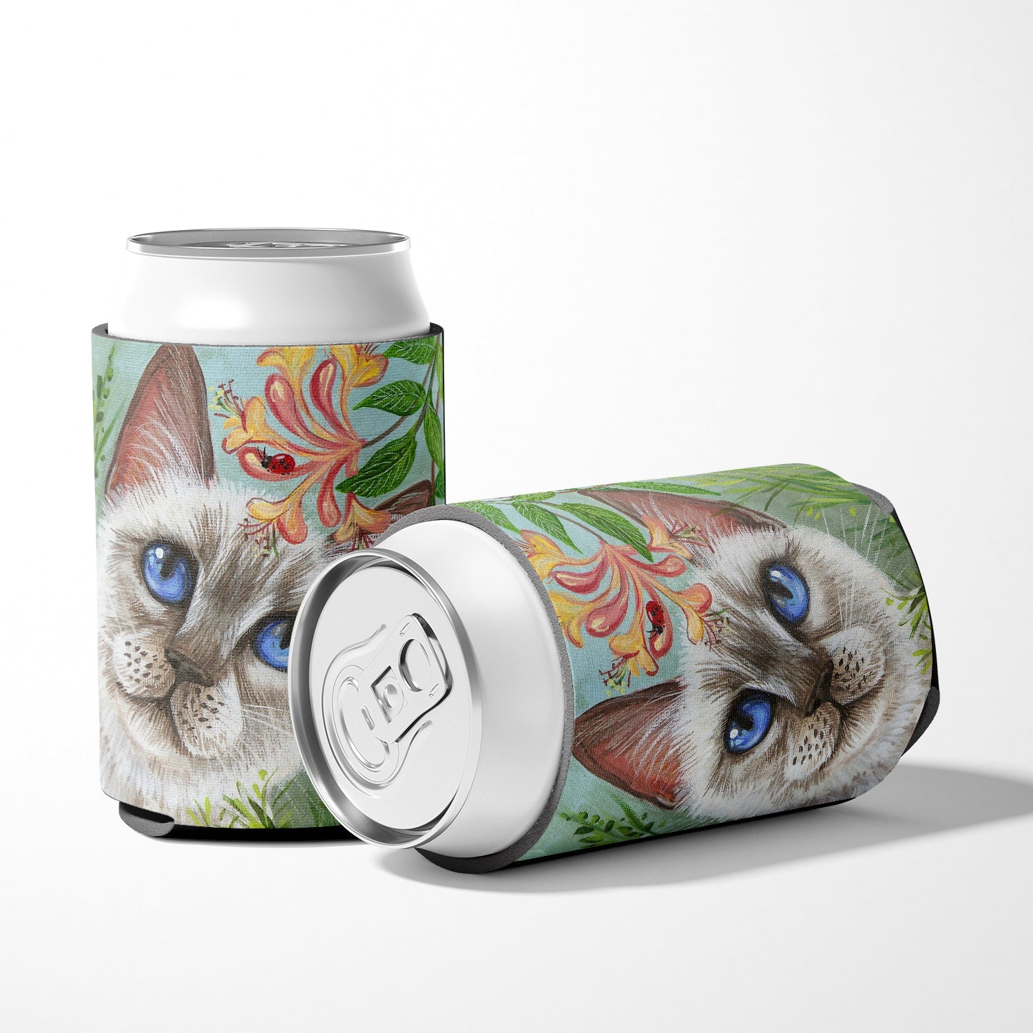 White Cat Saphire Eyes Can or Bottle Hugger Cooler Sleeve for Standard 12 oz Cans, Insulated Foam Beer & Soda Can Hugger Reusable