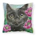 Black Cat in Flowers Decorative Throw Pillow 14x14 Indoor Outdoor Accent Cushion, Fabric Cover with Insert for Sofa, Bed, Porch & Living Room