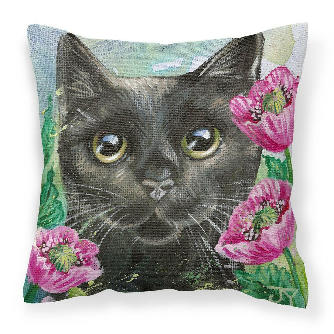 Black Cat in Flowers Decorative Throw Pillow 14x14 Indoor Outdoor Accent Cushion, Fabric Cover with Insert for Sofa, Bed, Porch & Living Room