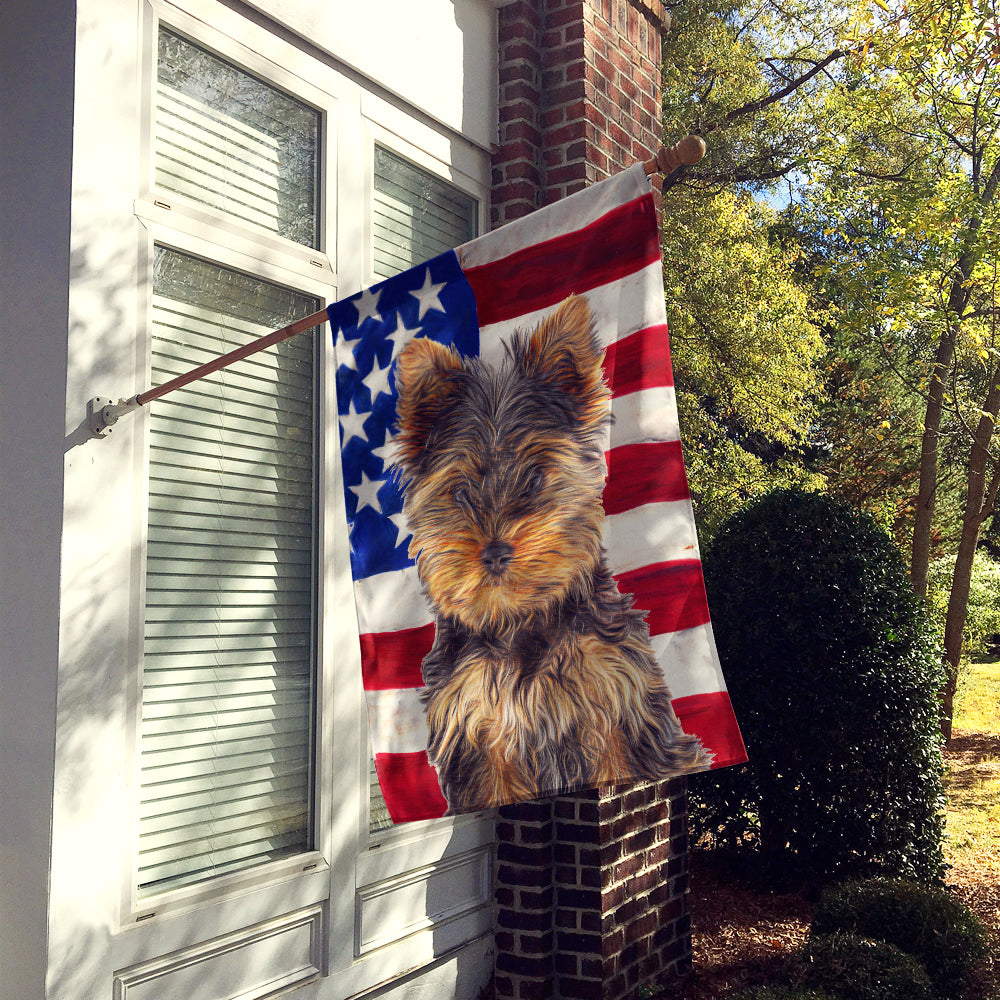 USA American Flag with Yorkie Puppy / Yorkshire Terrier House Flag 28x40 Porch Sleeve Pole Decorative Outside Yard Banner Artwork Wall Hanging, Polyester