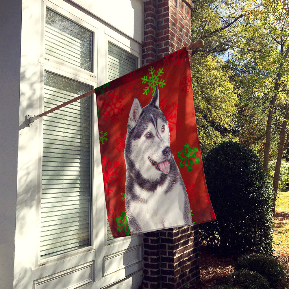 Red Snowflakes Holiday Christmas  Alaskan Malamute House Flag 28x40 Porch Sleeve Pole Decorative Outside Yard Banner Artwork Wall Hanging, Polyester