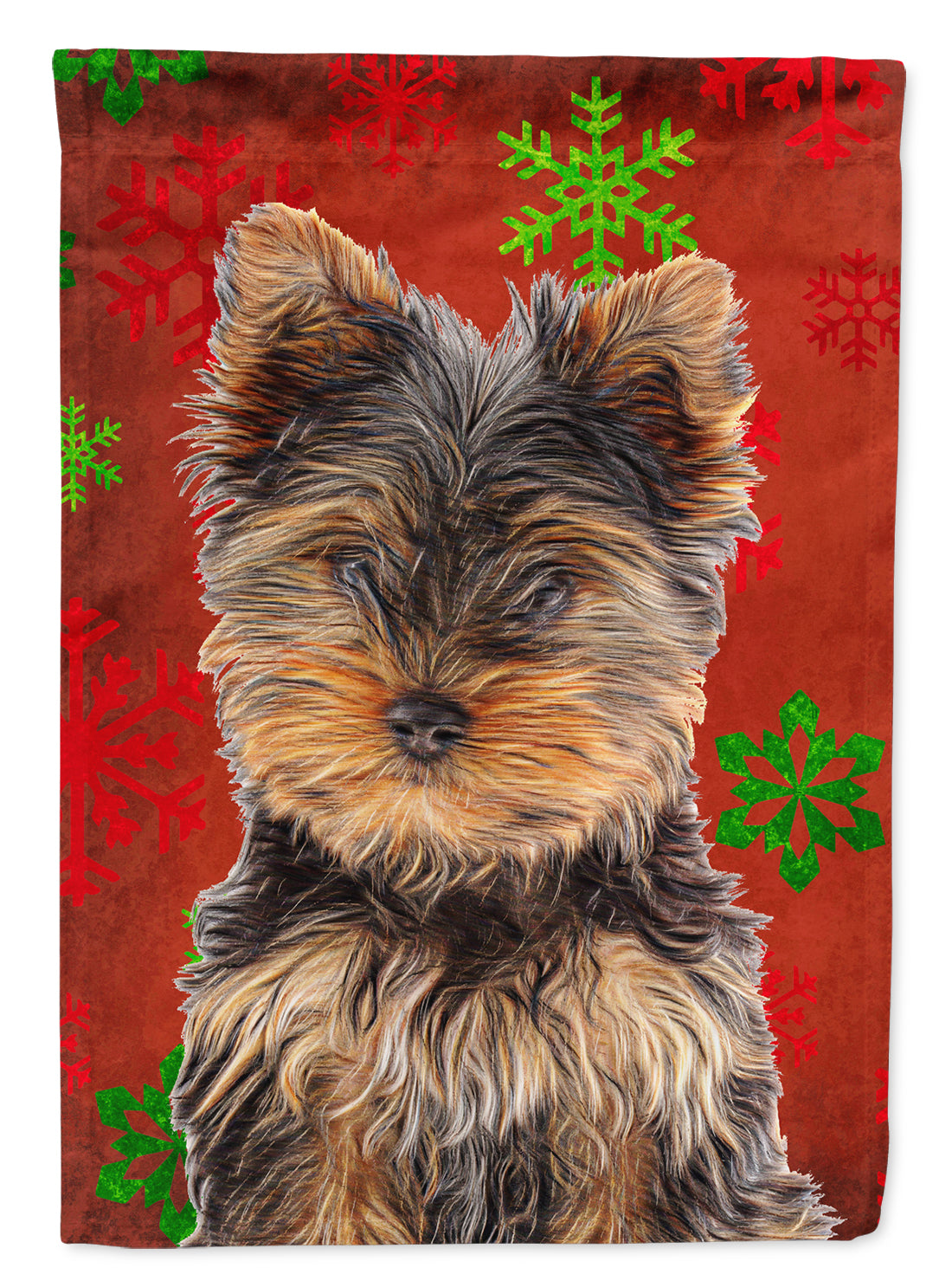 Red Snowflakes Holiday Christmas Yorkie Puppy / Yorkshire Terrier House Flag 28x40 Porch Sleeve Pole Decorative Outside Yard Banner Artwork Wall Hanging, Polyester