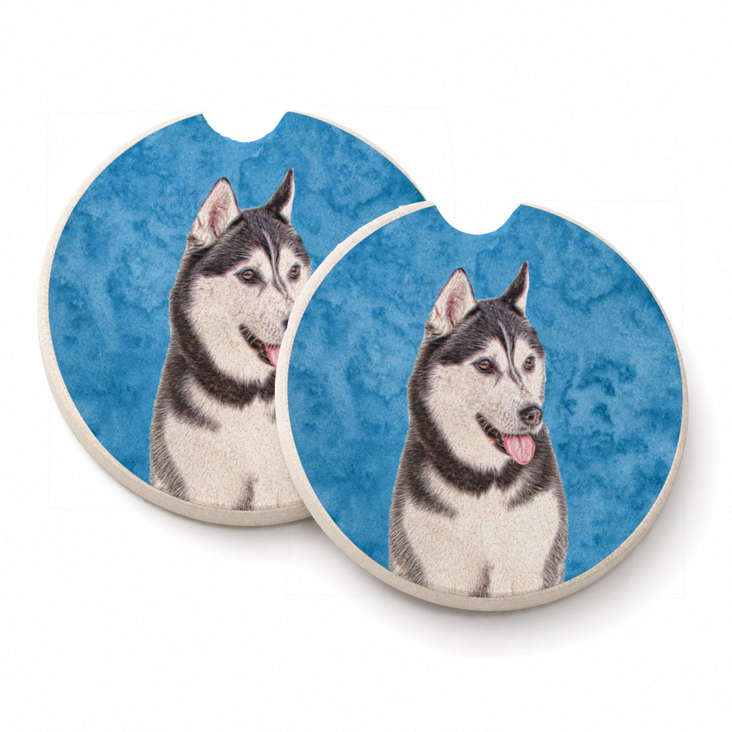 Blue Alaskan Malamute Set of 2 Cup Holder Car Coasters Absorbent Round Sandstone Coasters Gifts for Men or Women, 2.5, Multicolor