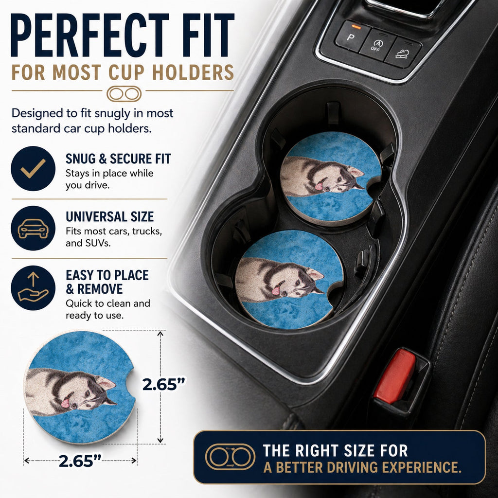 Blue Alaskan Malamute Set of 2 Cup Holder Car Coasters Absorbent Round Sandstone Coasters Gifts for Men or Women, 2.5, Multicolor