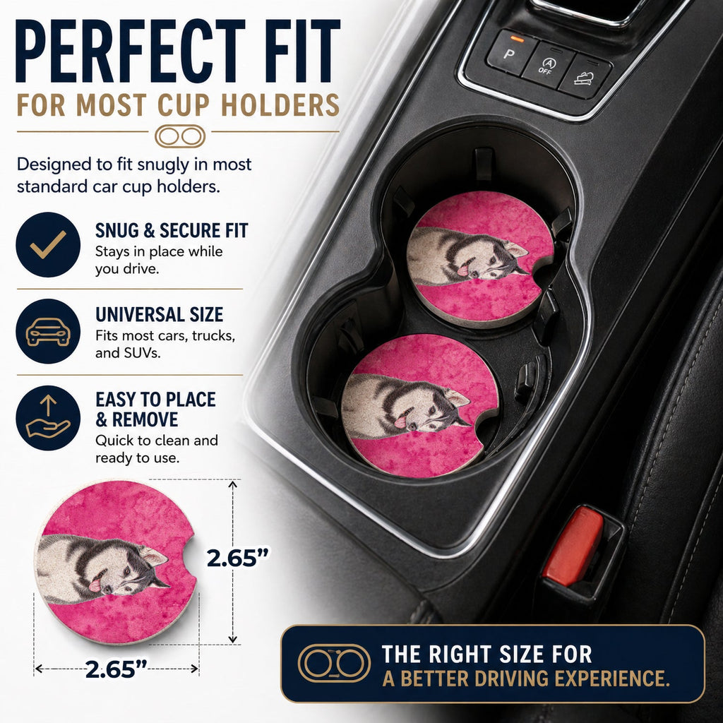 Pink Alaskan Malamute Set of 2 Cup Holder Car Coasters Absorbent Round Sandstone Coasters Gifts for Men or Women, 2.5, Multicolor