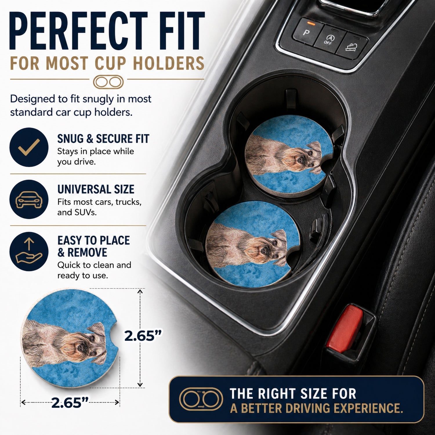 Blue Schnauzer Set of 2 Cup Holder Car Coasters Absorbent Round Sandstone Coasters Gifts for Men or Women, 2.5, Multicolor